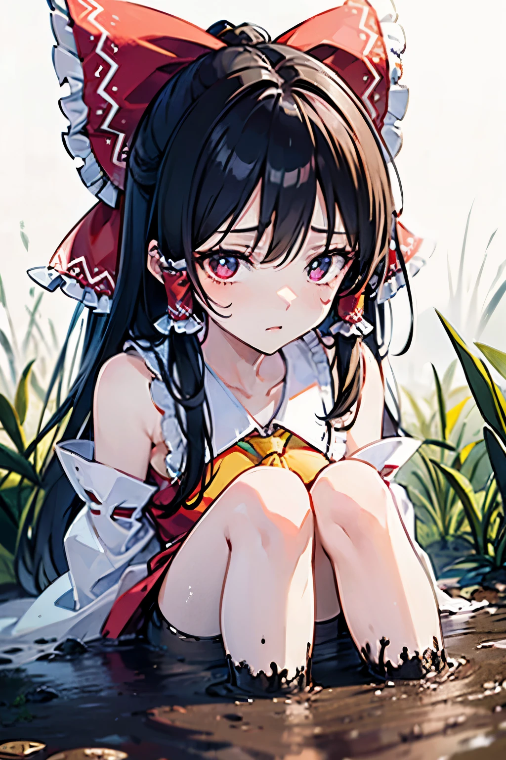 Hakurei Reimu,Oriental Project, masterpiece, best quality,She struggled in the muddy swamp, Her legs were stuck in the mud, a look of despair on her face (despair:1.0). Covered in mud."