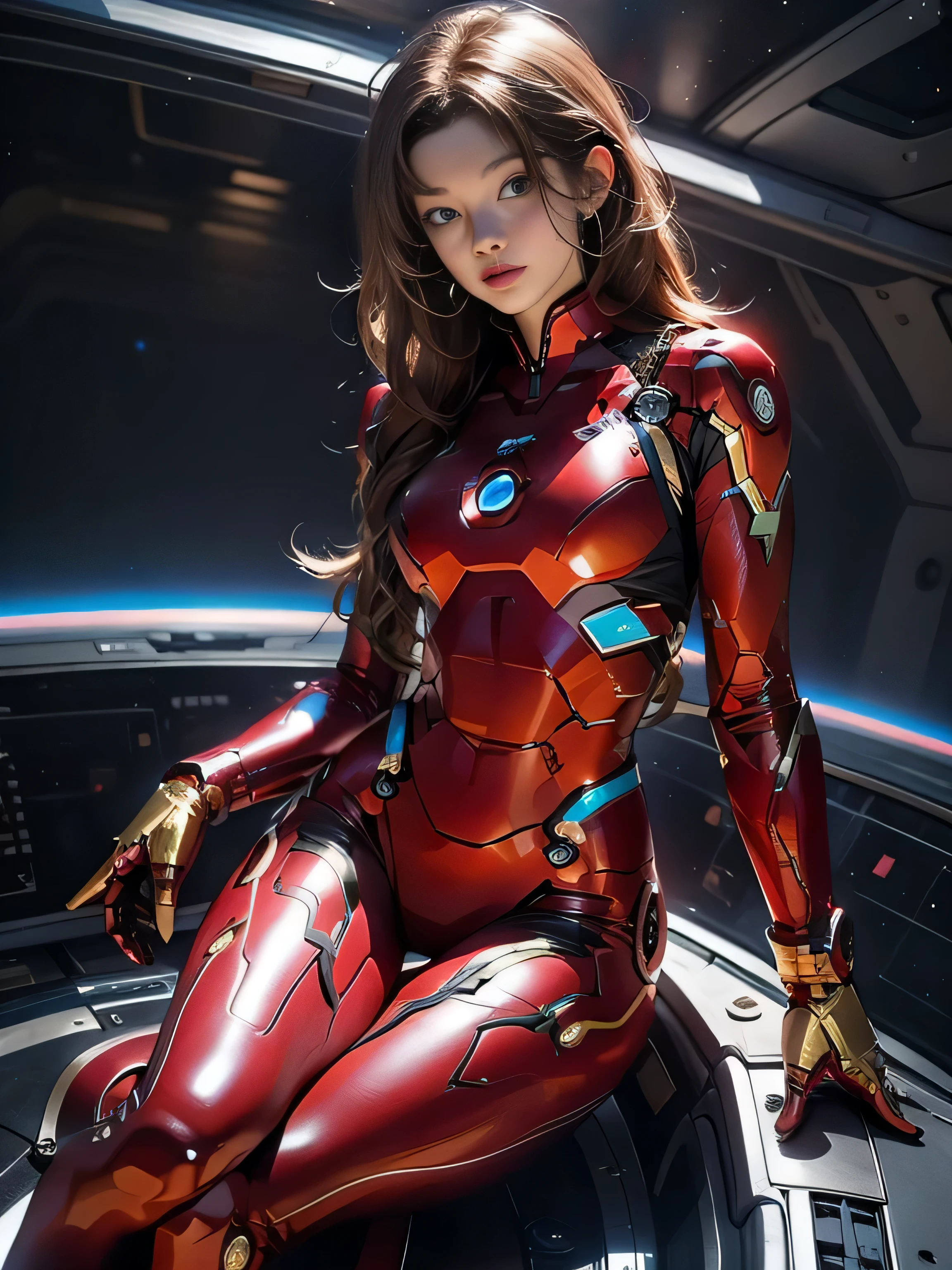 sandy hair muscular large breasts slender thighs slender waist Golden Ironman suit solo looking at viewer in space long hair blushing determination, Perfect Eyes, Full body Shot
