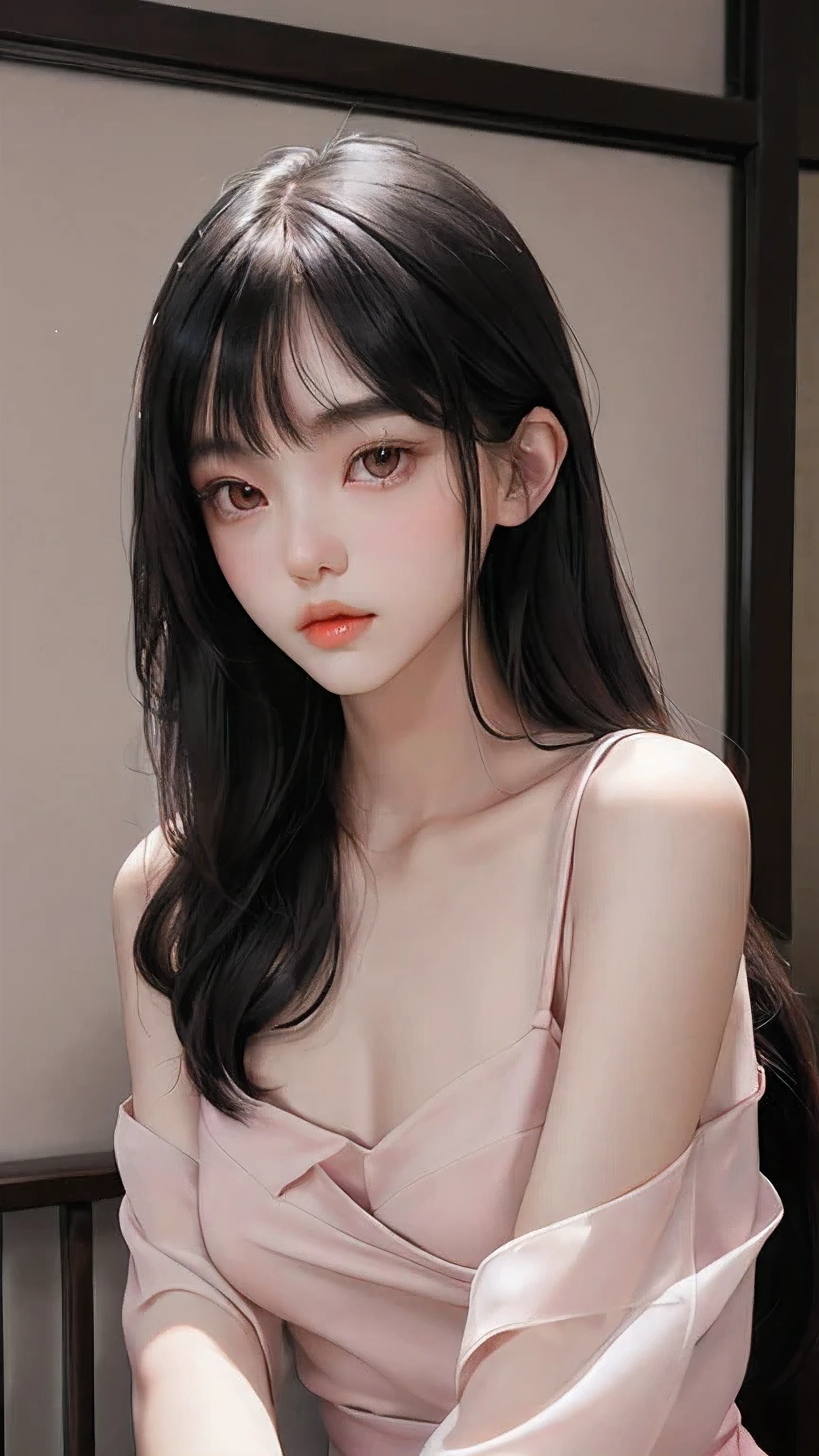 Casual clothing,Chinese、beautiful girl、18 years old,young、Long hair to waist、Oval face、flat chest、long black hair、fair face、light eyebrows、The eyes are a little determined,Thin pink lips,Thin and thin,flat chest,Beautiful bangs、chess、Mouth closed,Chinese面孔,black eyes,Posing for photos