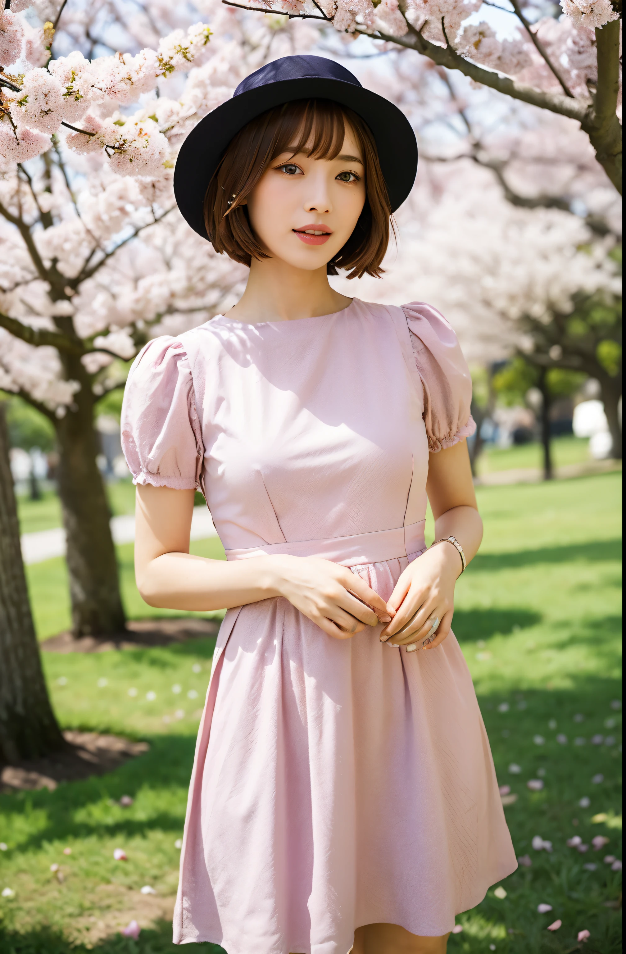 araffe woman in a dress and hat standing under a tree, under sakura tree, sakura season, sakura bloomimg, sakura petals around her, sakura season dynamic lighting, beautiful japanese girls face, by Ai-Mitsu, spring day, with short hair, sakura tree in background, blossom sakura, spring time, girl in flowers, cherry blossom