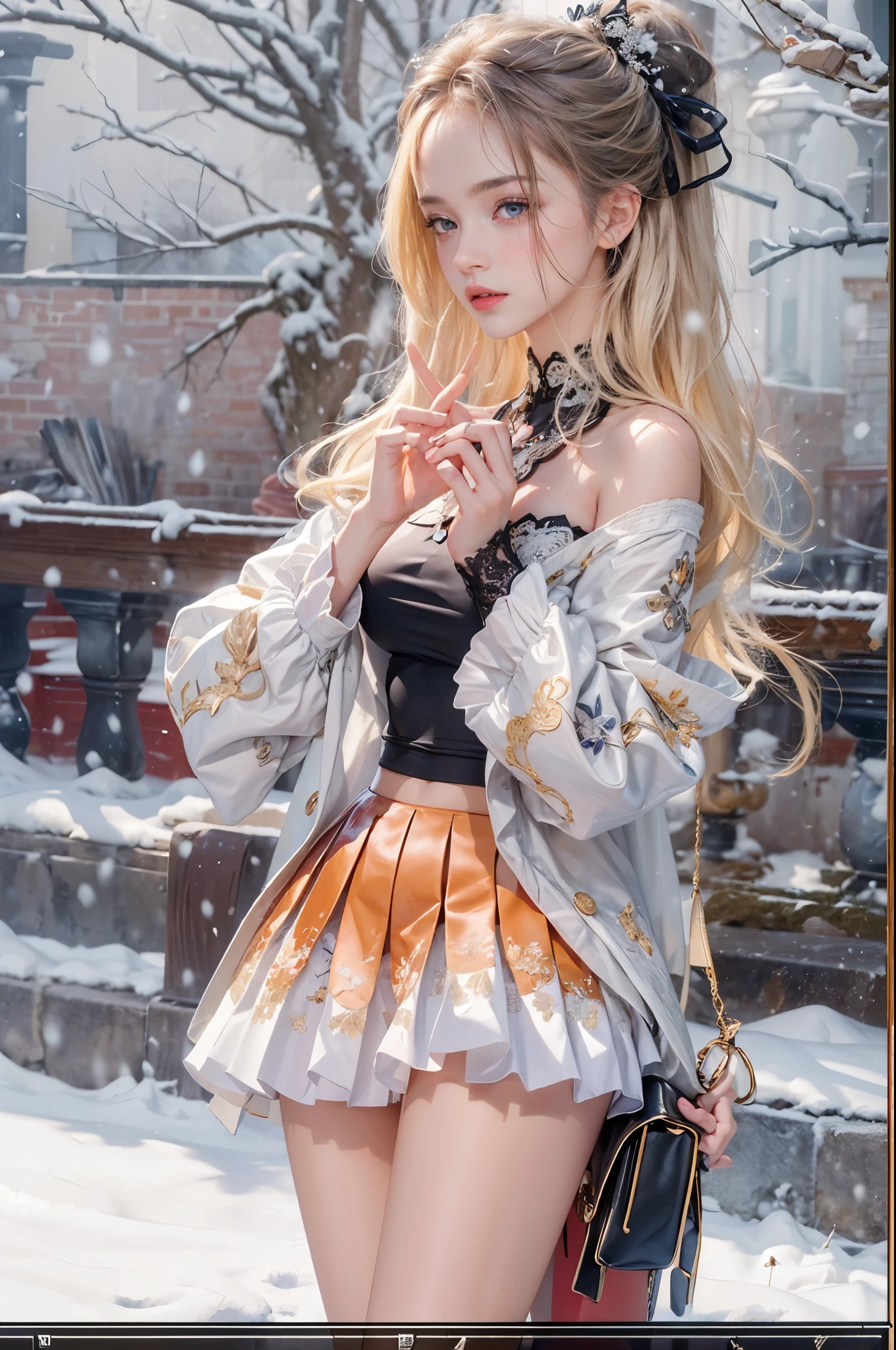 masterpiece, best quality, high quality, High definition, High quality texture, High quality shadow, high detail, beautiful detailed, finely detailed, extremely detailed cg, detailed texture, a realistic representation of the face, realistic, colorful, delicate, sharp focus, (intricate details, makeup, PureErosFace_V1:0.5), (detailed beautiful delicate face, detailed beautiful delicate eyes, a face of perfect proportion, high detailed skin, detailed skin, best ratio four finger and one thumb, skiny and thin:1.3), 1girl, , tall, (smooth_abs:1.55), (abs:0.5), pretty, masterpiece, highres, (long_skinny_legs), (straight_legs), (skinny_waist), (((fair skin))), white skin, (((pale skin))), (Emma_watson), big_breast, (((Caucasian))), (((European))), Light blonde hair, orange Bandeau, orange short pleated skirt, standing legs apart, looking at viewer, full body, portrait of cute blonde girl, (outside，Heavy snowfall, Cover with snow), ((crop top)), showing abdomen, showing abs, ((stockings, thigh high socks)), snowfield, bloom, white fog, motion, wispy hair, realism, high-quality rendering, stunning art, high quality, film grain, Fujifilm XT3, dreamy, (((skinny thigh, thin thigh, narrow thigh)))