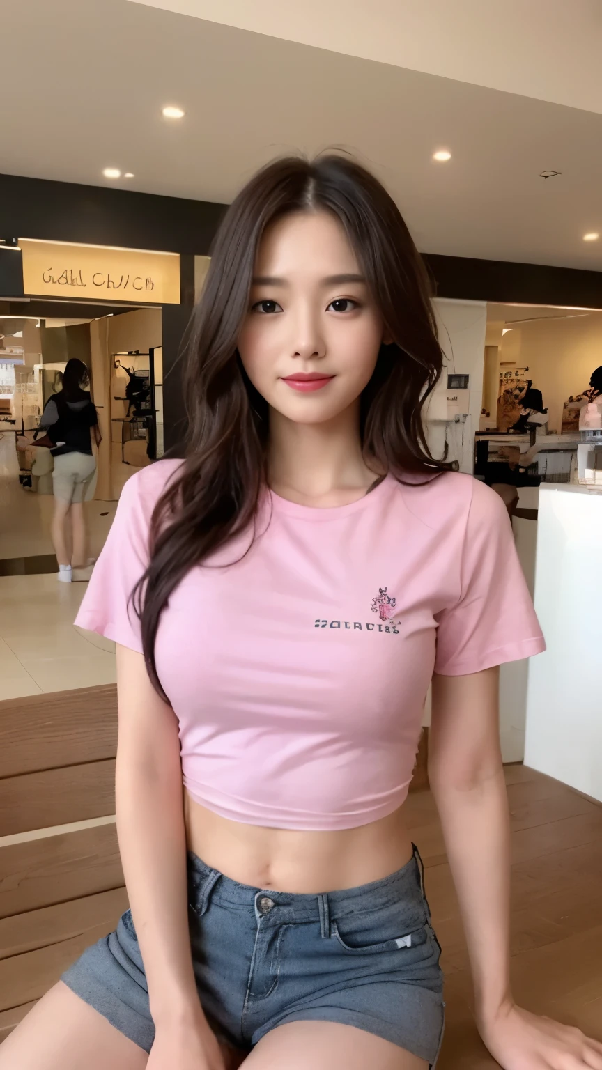 ((top-quality、8k、masterpiece:1.3))、Beautiful woman with perfect body:1.4、slim abdomen:1.2、Longhair, normal breast, Highly detailed facial and skin texture, A detailed eye, delicate eyes, double eyelid, (smile), (full body shot), ((shopping mall)), (sitting in the bench), (((wearing pink t-shirt with short pants)), looking in front