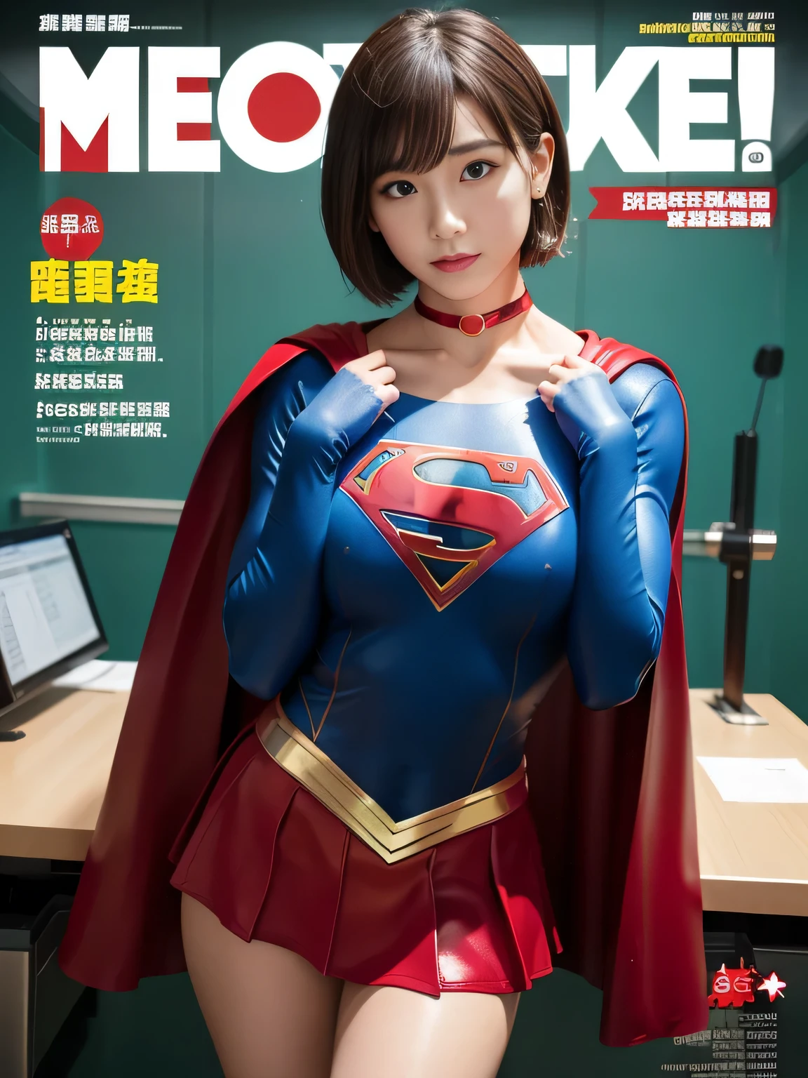 masterpiece、supergirl costume、short hair、barefoot, big and full breasts、execution、operating room、operating table、straddle、sweating、shiny、look at the camera、provocation、Estrus、choker、Weekly magazine cover、long sleeve、red mini skirt、obscene pose、Seduce、humiliating