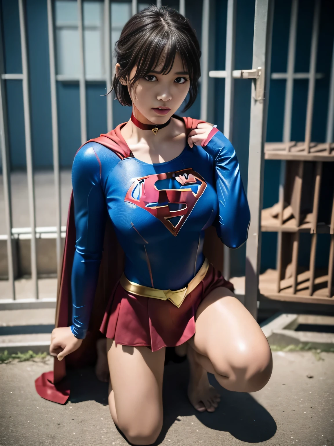 masterpiece、supergirl costume、short hair、barefoot、big and full breasts、rape、Crisis situation、prison、in a cage、insult、kneel down、sweaty、shiny、looking at camera、Seduce、choker、long sleeve、red sexy pose、POW camps、humiliating