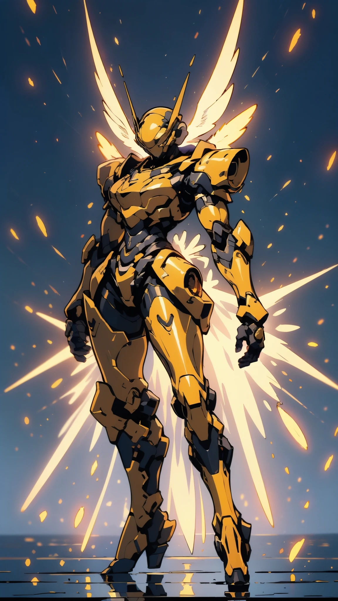 A woman adorned in fantasy-style full-body armor, a crown-concept fully enclosed helmet that unveils only her eyes, a composite layered chest plate, fully encompassing shoulder and hand guards, a lightweight waist armor, form-fitting shin guards, the overall design is heavy-duty yet flexible, ((the armor gleams with a golden glow, complemented by red and blue accents)), exhibiting a noble aura, she floats above a fantasy-surreal high-tech city, this character embodies a finely crafted fantasy-surreal style armored hero in anime style, exquisite and mature manga art style, (Queen bee mixed with Spider concept Armor, plasma, blood), ((Element, energy, elegant, goddess, femminine:1.5)), metallic, high definition, best quality, highres, ultra-detailed, ultra-fine painting, extremely delicate, professional, anatomically correct, symmetrical face, extremely detailed eyes and face, high quality eyes, creativity, RAW photo, UHD, 32k, Natural light, cinematic lighting, masterpiece-anatomy-perfect, masterpiece:1.5