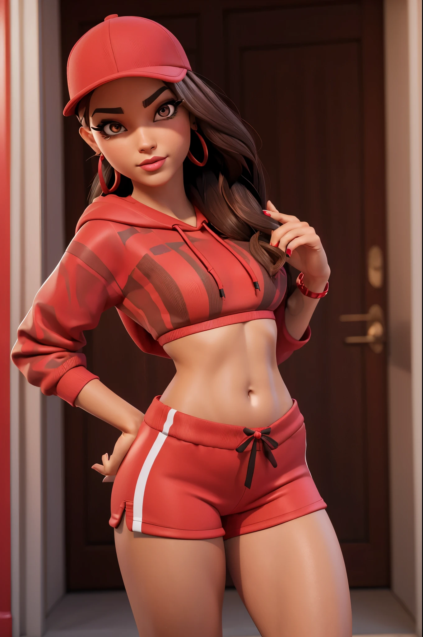 xyzruby, 1girl, brown hair, beautiful, earrings, makeup, vibrant, eyeliner, mascara, 3d render style, looking at viewer, midriff, sports bra, red headwear, red hoodie,very short shorts, cap, stripe pattern
