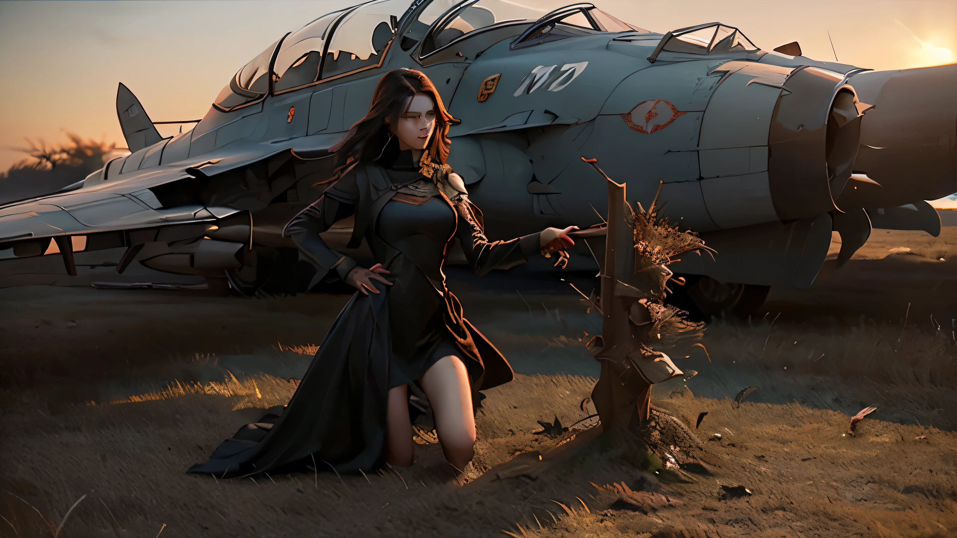In the heart of winter&#39;s reach, mientras el anochecer se instala, an old abandoned rusty fighter plane stands against the backdrop of the setting sun. Weeds frame the worn and worn plane., adding an air of mystique and intrigue. El jet, Con sus intrincados detalles, brilla bajo la luz que se desvanece, un testimonio de un tiempo pasado.

And there Ella is, una mujer vestida con un seductor traje oscuro, Its silhouette casts long shadows on the cold ground. Her fatal charm radiates through the 3D artwork of her body., una obra maestra de la sociedad CG. With a two-decade model, Ella