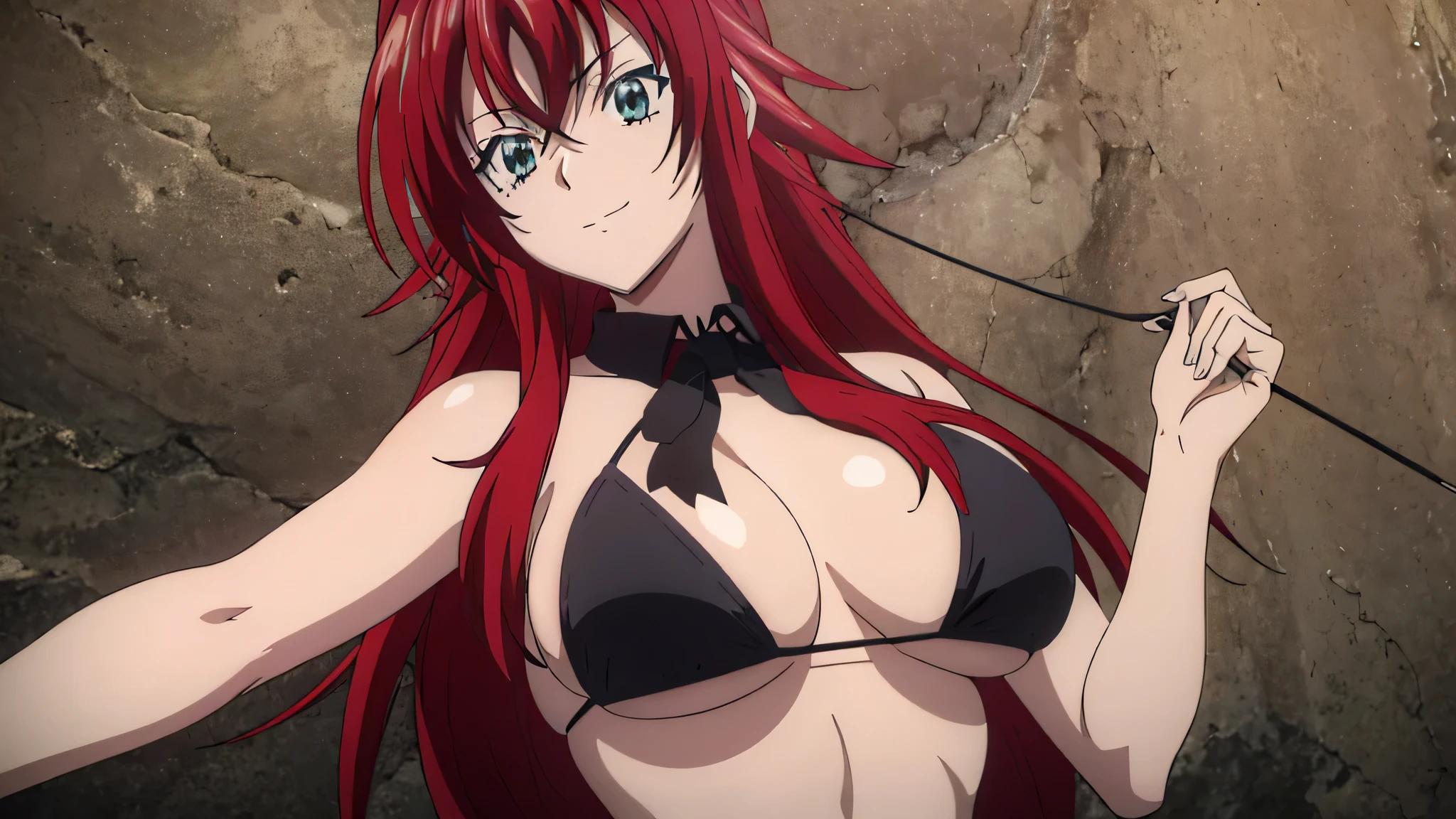 (((picture perfect))), (absurdres), 1girl, solo, rias gremory, shy smiling face, ((upper body)), (large breasts), ((wearing black micro bikini))