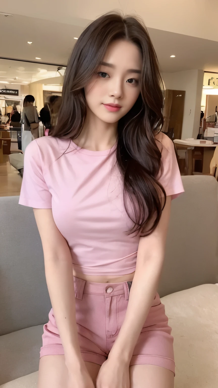 ((top-quality、8k、​masterpiece:1.3))、Beautiful woman with perfect body:1.4、slim abdomen:1.2、Longhair, normal breast, Highly detailed facial and skin texture, A detailed eye, delicate eyes, double eyelid, (smile), (full body shot), ((shopping mall)), (sitting in the bench), (((wearing pink t-shirt with short pants)), looking in front