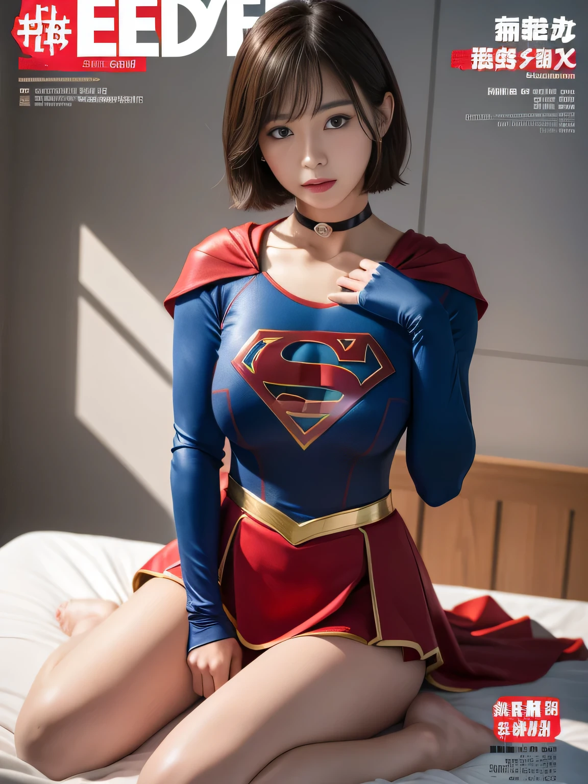 masterpiece、supergirl costume、short hair、barefoot、big and full breasts、Crisis situation、operating room、operating table、straddle、Sweat、shiny、look at the camera、provocation、Estrus、choker、Weekly magazine cover、long sleeve、red mini skirt、obscene pose、Seduce、