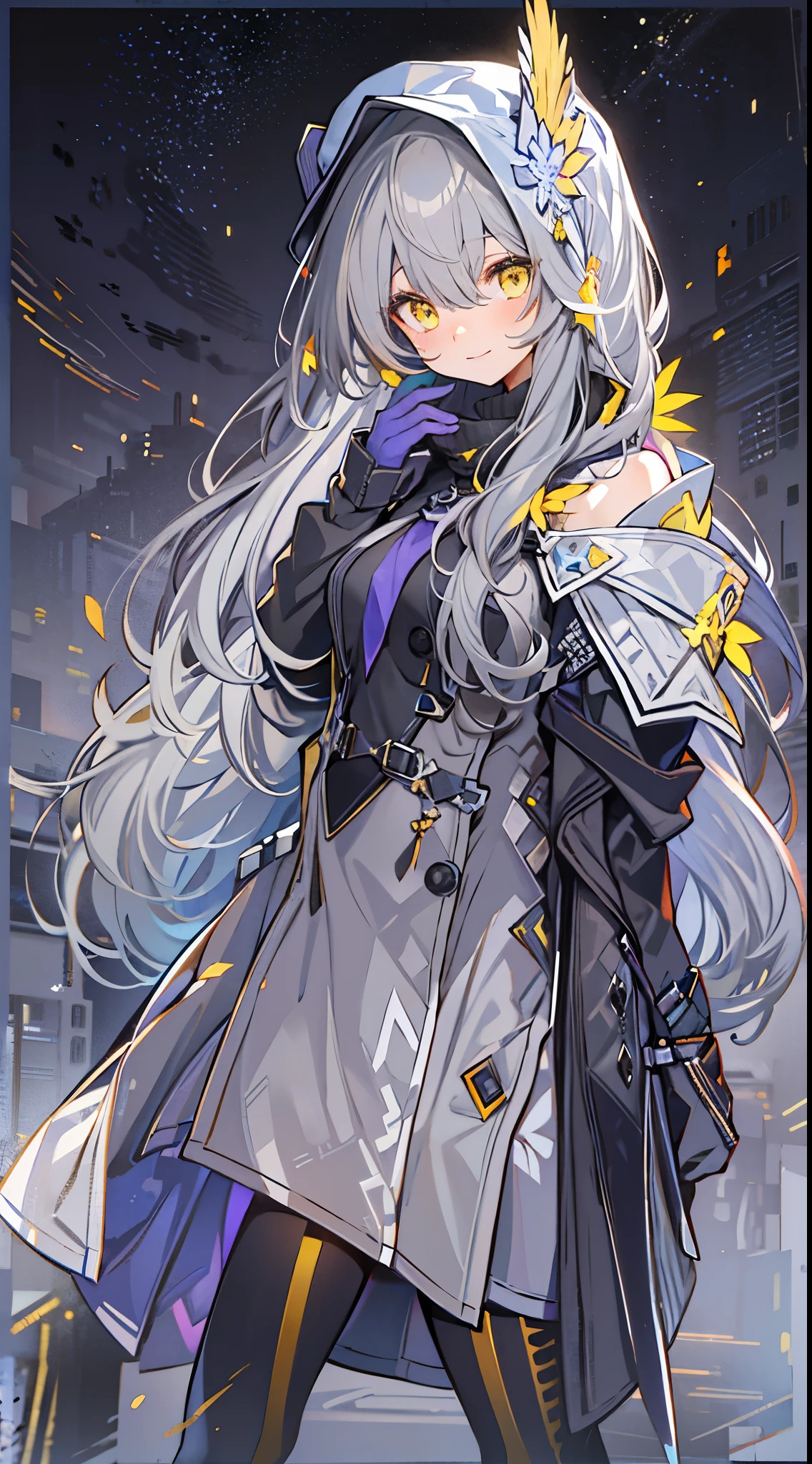 1girll，Red eyes， White color blouse， Gorgeous Hair in Long Purple， looking at viewert， light particules， ssmile， starrysky， Wizard's Hat， sleeveless， bare shoulders​， By bangs，（ She wears a black hooded trench coat，There are fluff on it）， tilt of the head，Pantyhose, nipple tassels,flower knot, mitts,  beatiful detailed eyes， detailed back ground，((((((gray hair)))))),  ((((yellow eyes)))),