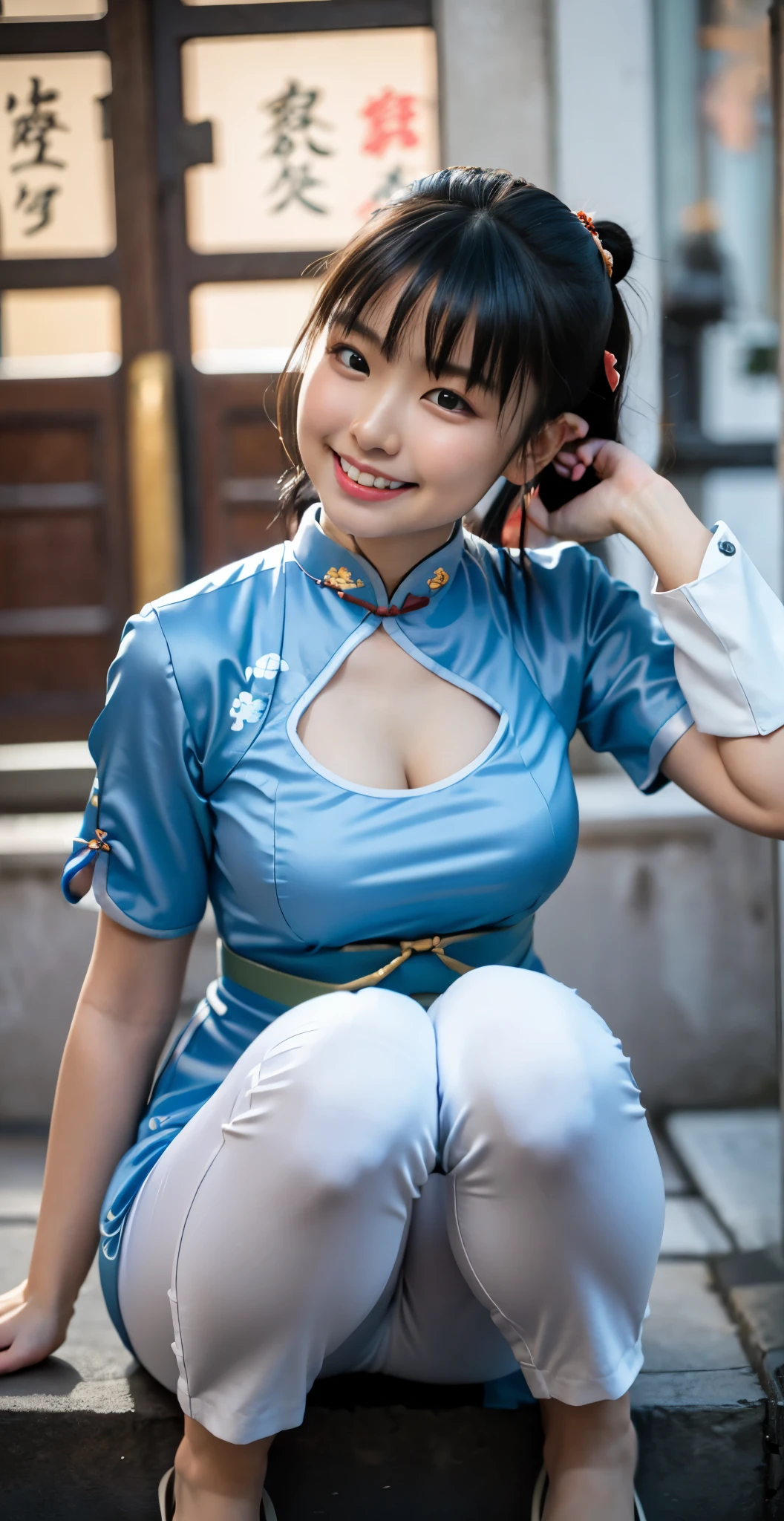 （8k、Raw photography、highest quality、masterpiece：1.2),(black hair:1.7),(beautiful girl:1.4),show viewer,Looking at the front,erotic,白いskin,(street fighter chun li 、wearing a blue qipao dress:1.6)、(Clothing that emphasizes the shape of your chest、publish one&#39;skin:1.5)、(big breasts :1.4)、slim body shape、ultra high resolution,beautiful,beautiful fece,(alone, no background:1.9),whole bodyボディー,(cute japanese woman:1.6),（Photoreal：1.37）、photon mapping,reality、(Baby-faced and cute: 1.8)、(cute smile: 1.7)、(With a round face: 1.9)、radio city、Physically based rendering、depth of field rally background、photograph, (I can see your knees,close up of thighs、Very short cheongsam、I can see white pants:1.6),whole body、super fine