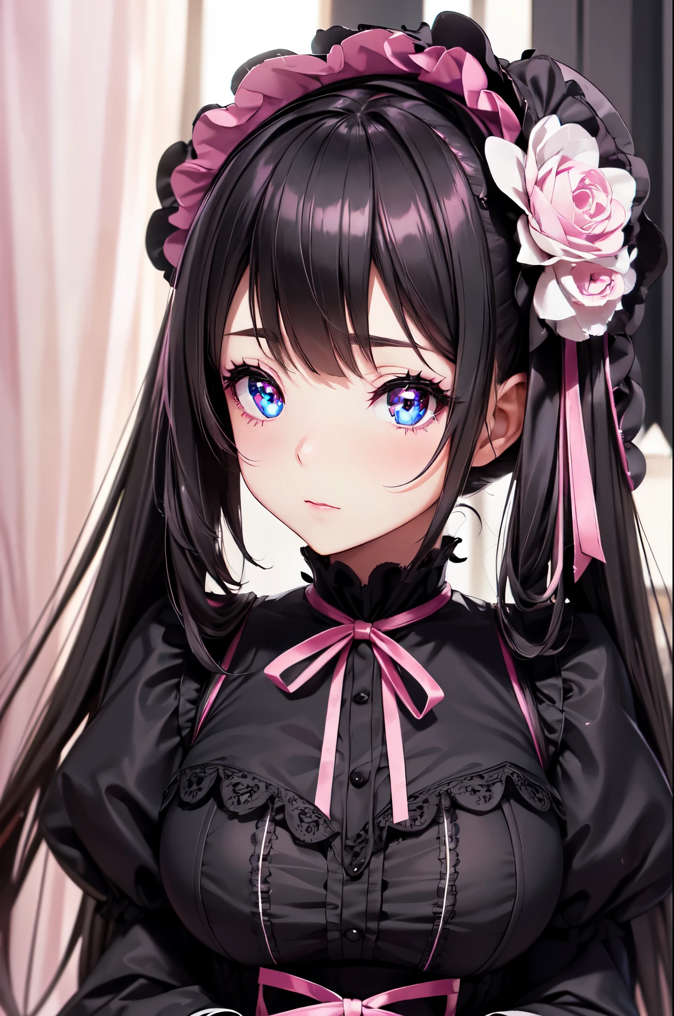 (High quality, High resolution, Fine details), Black-based Gothic Lolita Costume, Pale pink ribbon, solo, curvy women, sparkling eyes, (Detailed eyes:1.2), Dark makeup, shallow depth of field
