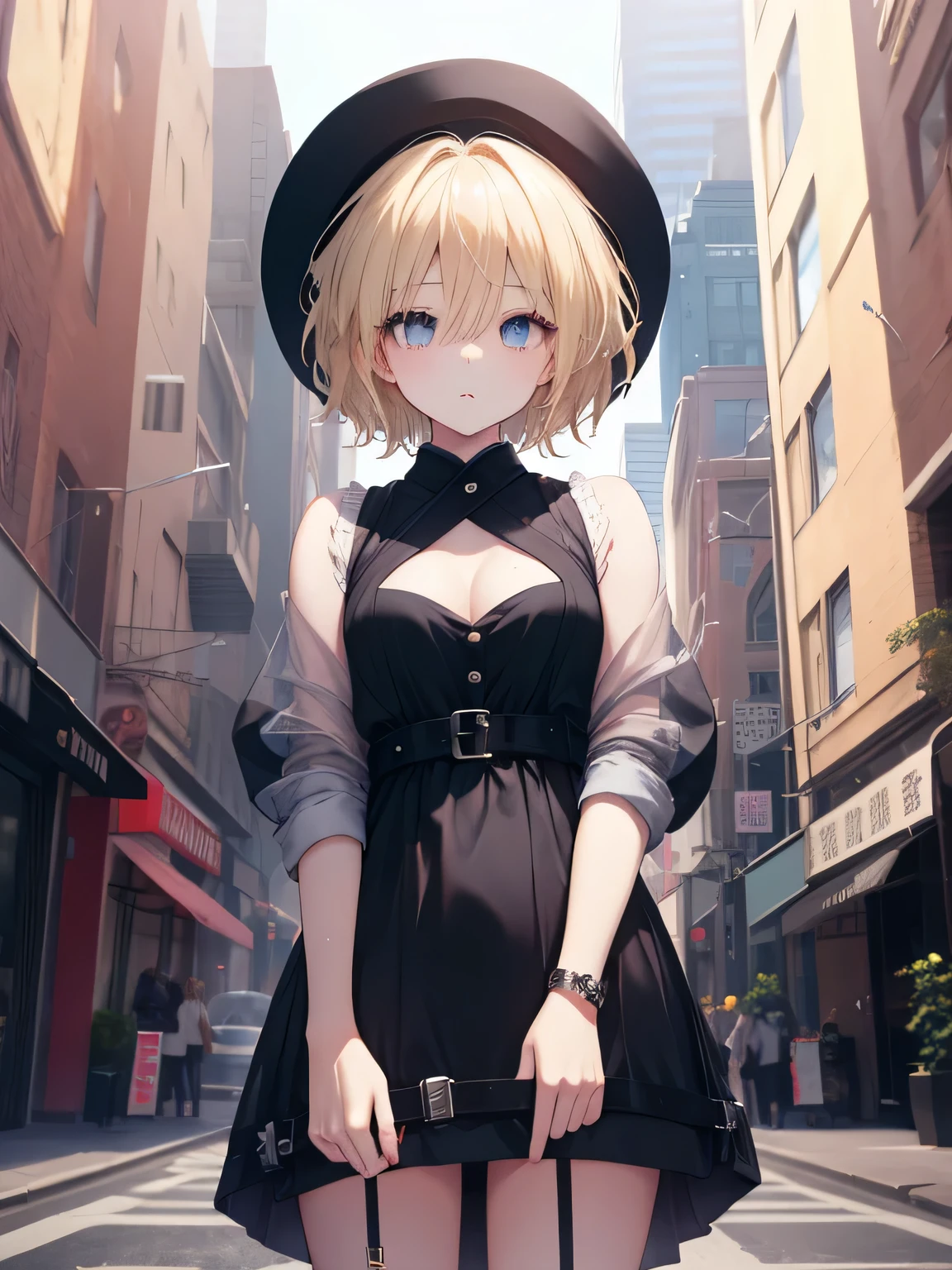 masterpiece、highest quality、shining eyes、beautiful eyes、blonde、short hair、girl、fashion、city