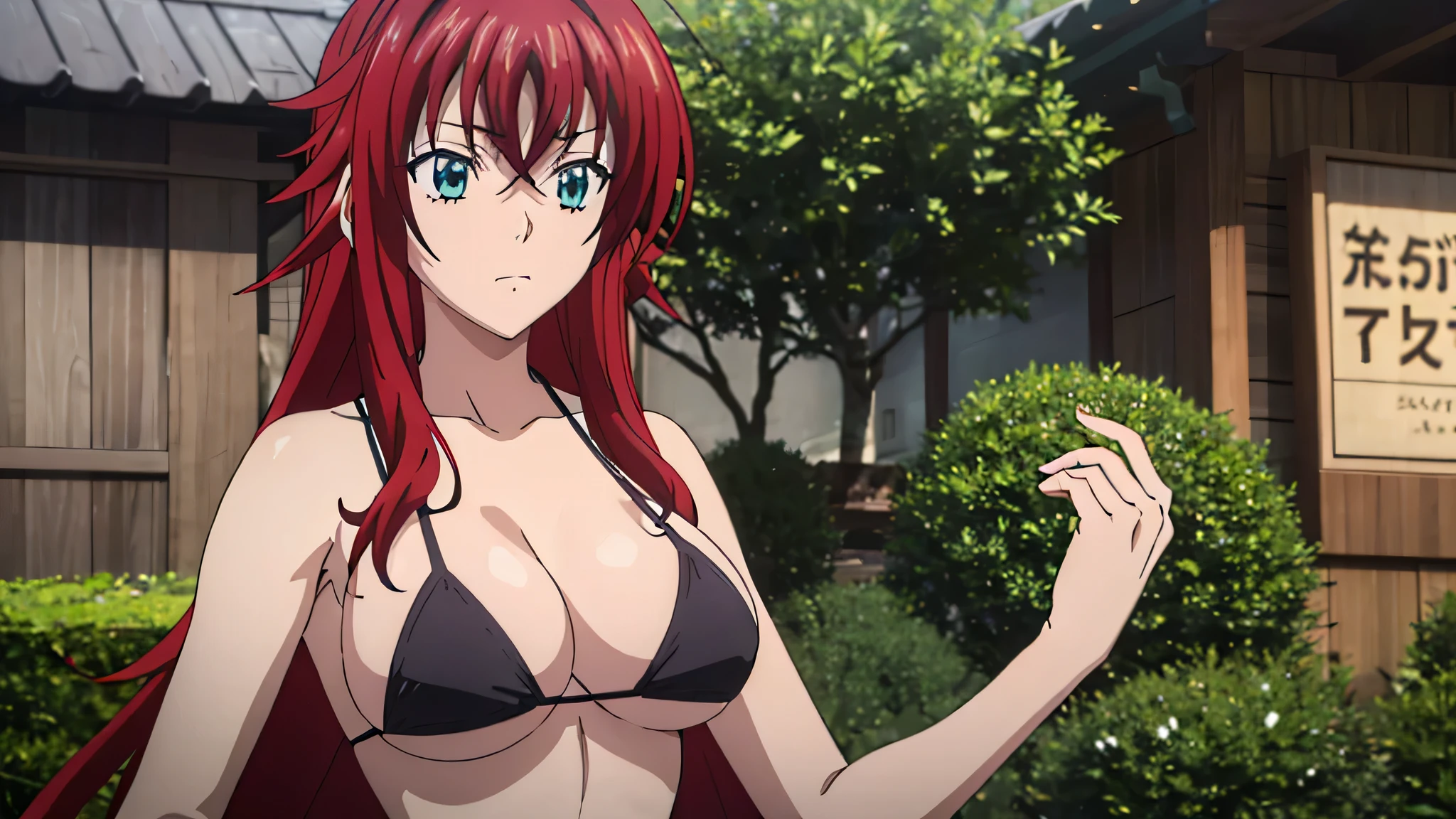 (((picture perfect))), (absurdres), 1girl, solo, rias gremory, shy face, ((upper body)), (large breasts), ((wearing black micro bikini))