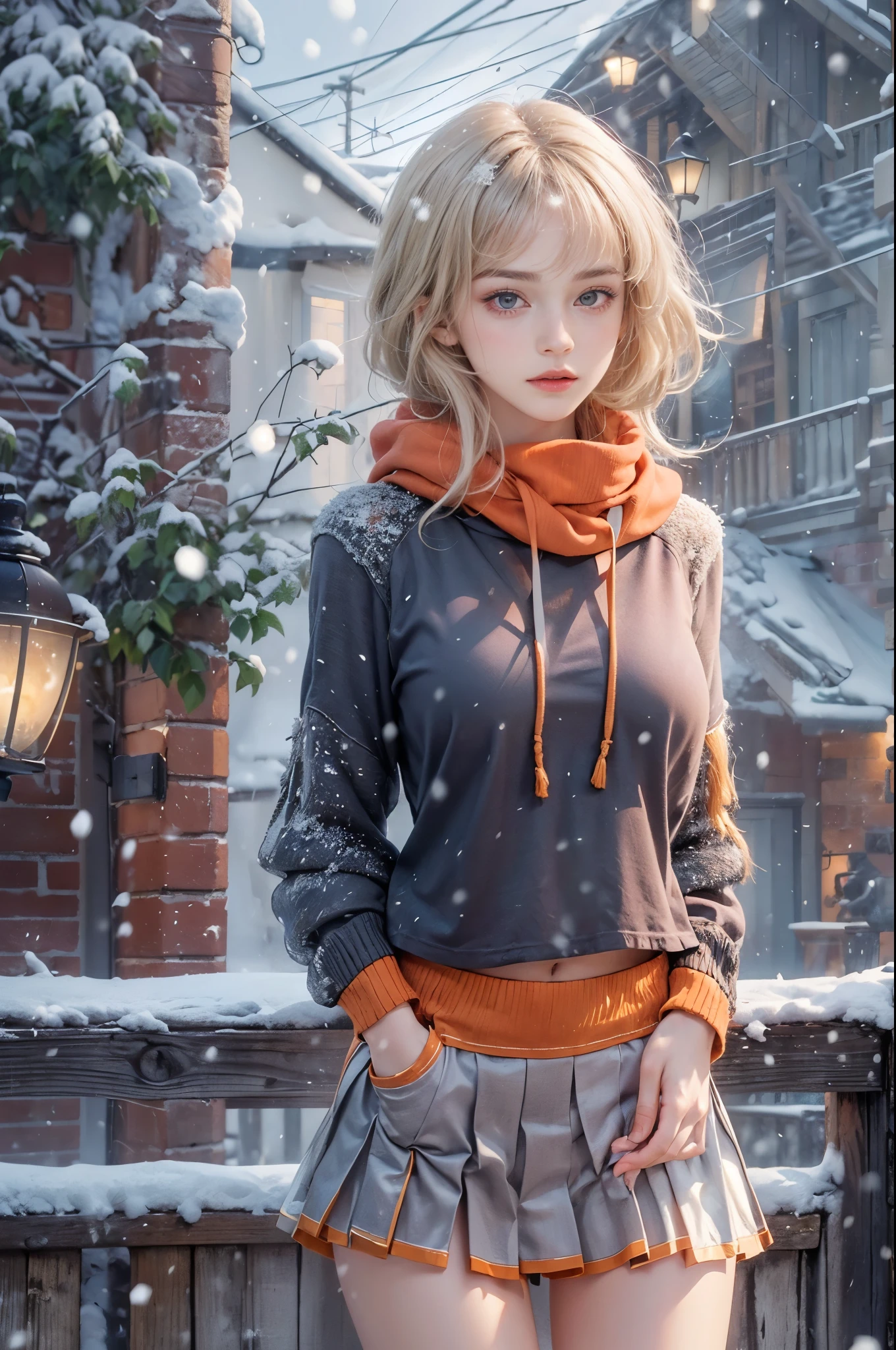 masterpiece, best quality, high quality, High definition, High quality texture, High quality shadow, high detail, beautiful detailed, finely detailed, extremely detailed cg, detailed texture, a realistic representation of the face, realistic, colorful, delicate, sharp focus, (intricate details, makeup, PureErosFace_V1:0.5), (detailed beautiful delicate face, detailed beautiful delicate eyes, a face of perfect proportion, high detailed skin, detailed skin, best ratio four finger and one thumb, skiny and thin:1.3), 1girl, , tall, (smooth_abs:1.55), (abs:0.5), pretty, masterpiece, highres, (long_skinny_legs), (straight_legs), (skinny_waist), (((fair skin))), white skin, (((pale skin))), (Emma_watson), big_breast, (((Caucasian))), (((European))), Light blonde hair, orange Bandeau, orange short pleated skirt, standing legs apart, looking at viewer, full body, portrait of cute blonde girl, (outside,Heavy snowfall, Cover with snow), ((crop top)), showing abdomen, showing abs, ((stockings, thigh high socks)), snowfield, bloom, white fog, motion, wispy hair, realism, high-quality rendering, stunning art, high quality, film grain, Fujifilm XT3, dreamy, (((skinny thigh, thin thigh, narrow thigh)))