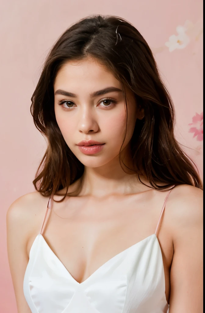 arafed woman with a white dress and a pink background, a pastel inspired by reyna rochin, shutterstock, realism, flawless olive skin, cindy avelino, portrait sophie mudd, portrait of modern darna, beautiful face and flawless skin, very pretty face, good looking face, madison beer girl portrait, violet myers, fair olive skin
