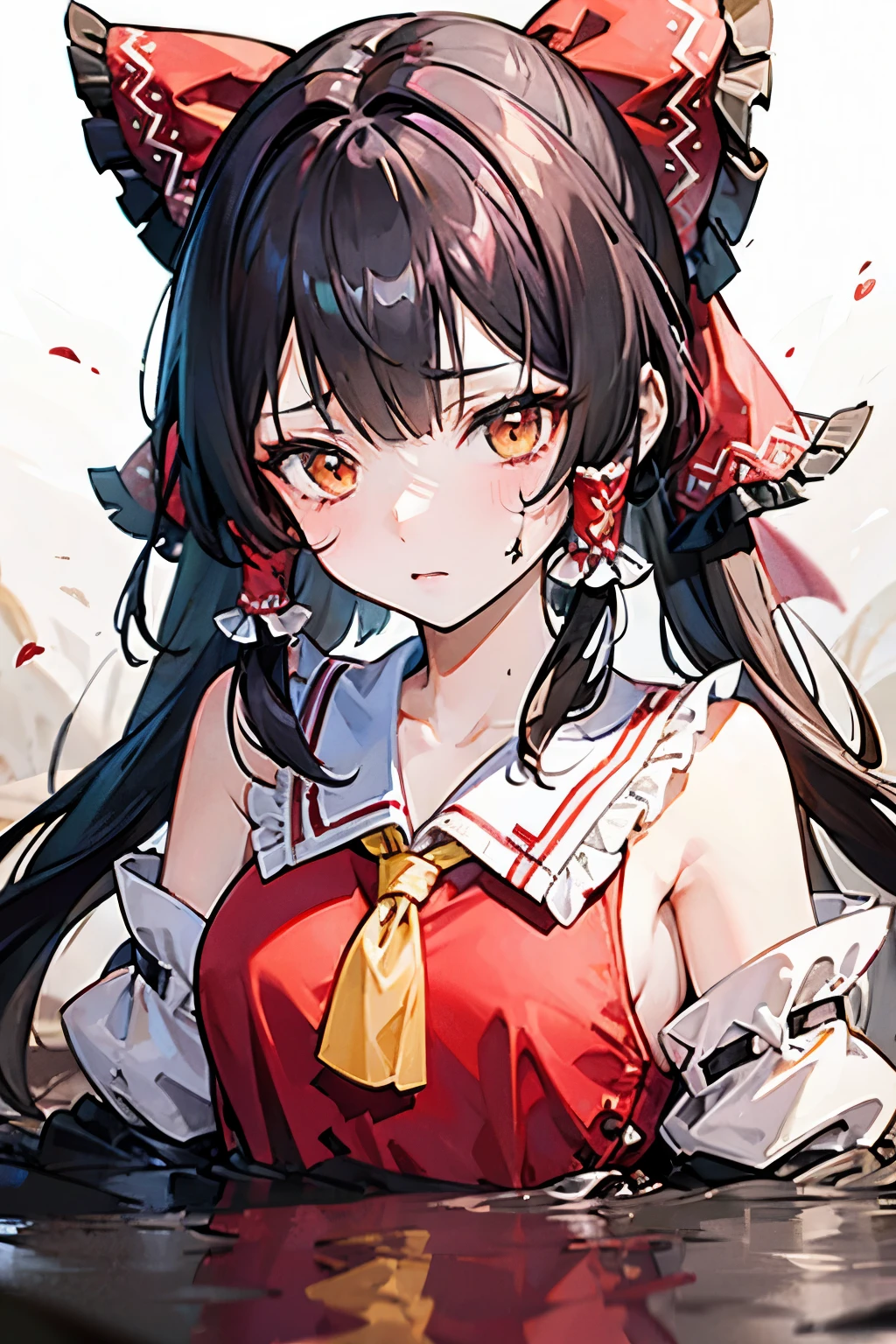 Hakurei Reimu,Oriental Project, masterpiece, best quality,She struggled in the muddy swamp, Her legs were stuck in the mud, a look of despair on her face (despair:1.0). Covered in mud."