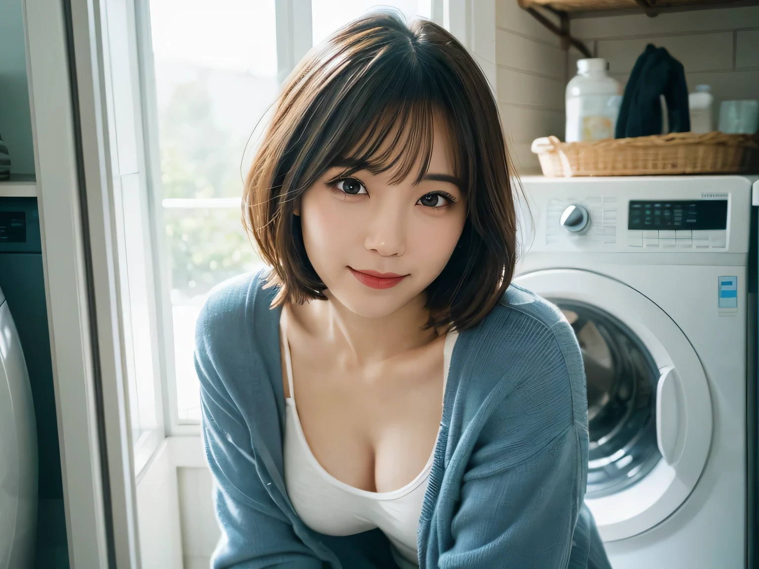 masterpiece, highest quality, figure, super detailed, finely, High resolution, 8k wallpaper, 完璧なダイナミックな構figure, perfect anatomy, finger details, detailed and beautiful eyes, natural lip, RAW photo, Japanese, cute, medium hair, smile, 28 year old girl, (big breasts), round face, double eyelid, droopy eyes, brown hair, camisole, panties, A woman squatting in front of a drum-type washing machine at home, Her gaze was fixed on the drum.. Soft natural light streams in from nearby windows., Cast a gentle light on the scene. The rhythmic sounds of mechanical cycles fill the air., With the faint scent of detergent. Women are surrounded by daily laundry.、There is a basket with clothes waiting to be washed.。, A bottle of detergent on the counter nearby, and a neatly folded bundle of towels.