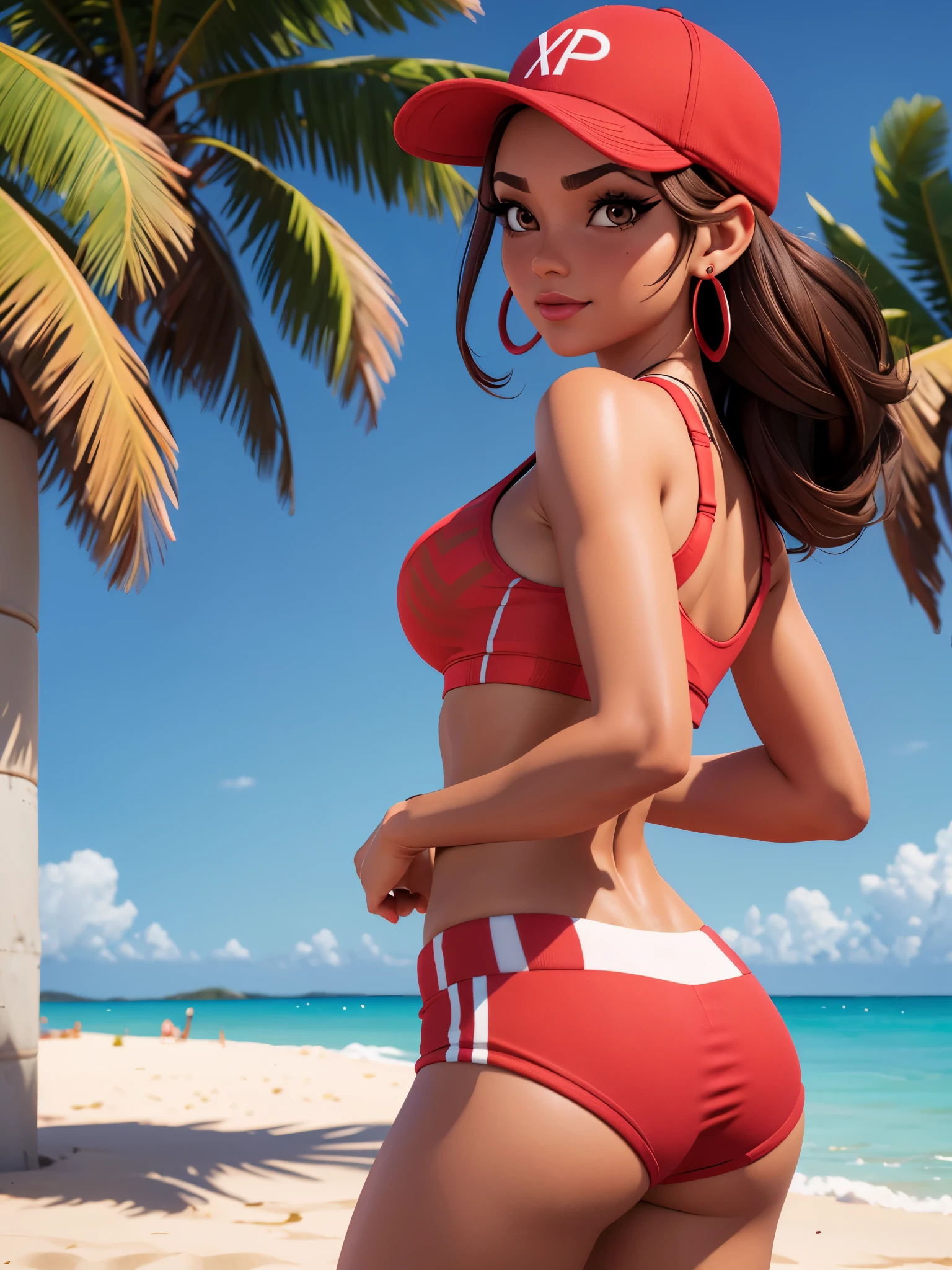 xyzruby, 1girl, brown hair, beautiful, earrings, makeup, vibrant, eyeliner, mascara, 3d render style, looking back at viewer, midriff, sports bra, red headwear, red crop top, bikini bottoms, cap, stripe pattern, at the beach