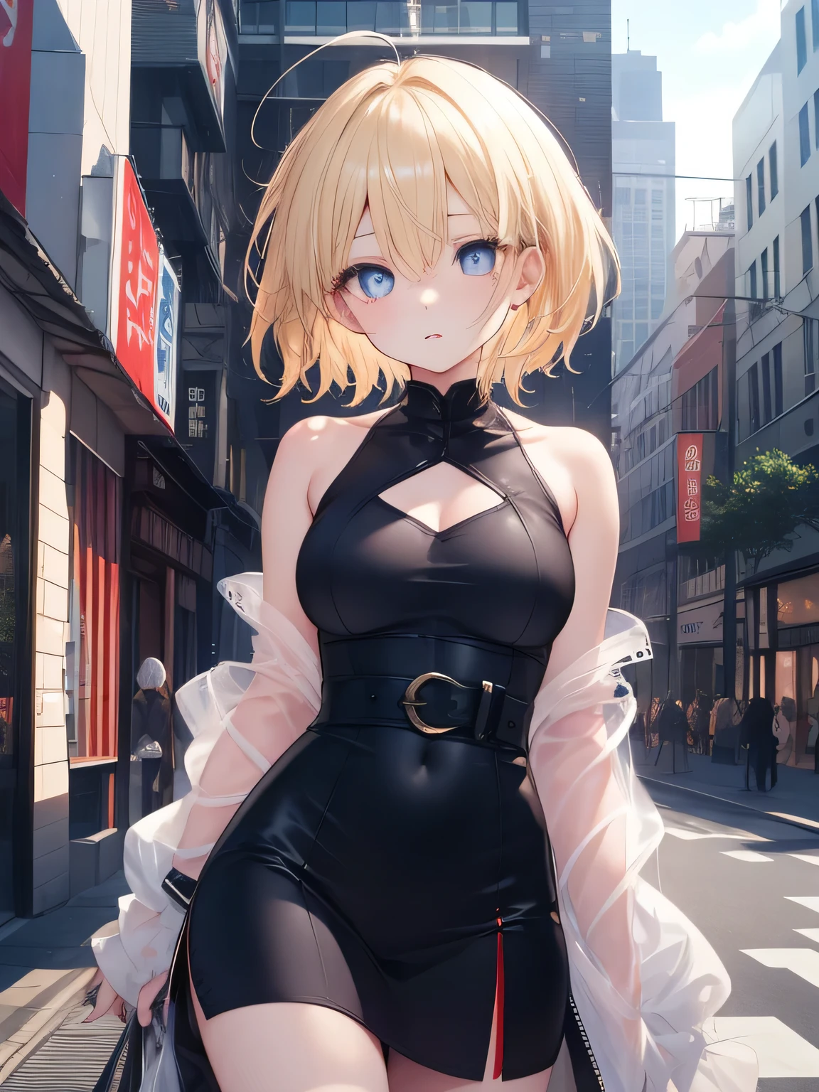 masterpiece、highest quality、shining eyes、beautiful eyes、blonde、short hair、girl、fashion、city