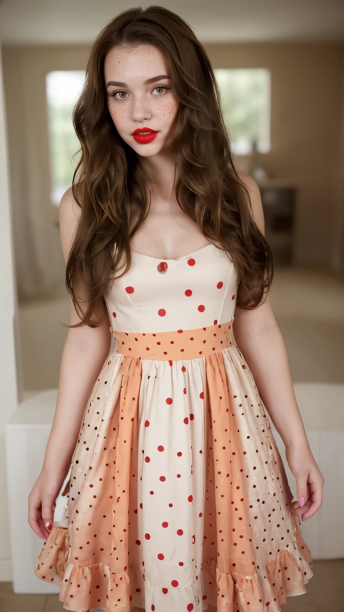 In 9:16 Full body picrure of A beautiful girl with a beautiful hair style, red lips, brunette hair, very adorable, wearing a beautiful dress, a little skin spots or her face, acnes,