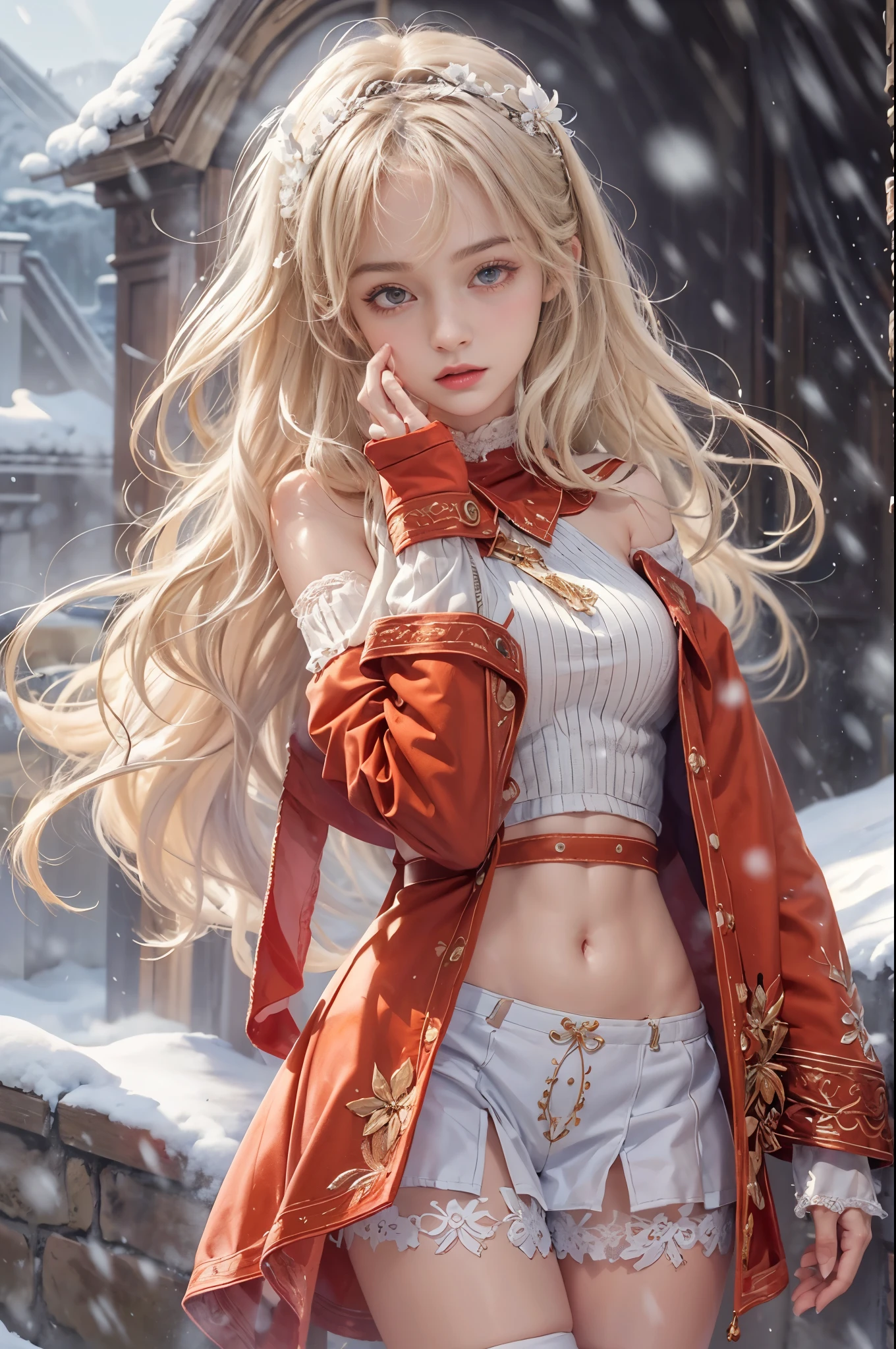masterpiece, best quality, high quality, High definition, High quality texture, High quality shadow, high detail, beautiful detailed, finely detailed, extremely detailed cg, detailed texture, a realistic representation of the face, realistic, colorful, delicate, sharp focus, (intricate details, makeup, PureErosFace_V1:0.5), (detailed beautiful delicate face, detailed beautiful delicate eyes, a face of perfect proportion, high detailed skin, detailed skin, best ratio four finger and one thumb, skiny and thin:1.3), 1girl, 17 years old, tall, (smooth_abs:1.55), (abs:0.5), pretty, masterpiece, highres, (long_skinny_legs), (straight_legs), (skinny_waist), (((fair skin))), white skin, (((pale skin))), (Emma_watson), big_breast, (((Caucasian))), (((European))), Light blonde hair, orange Bandeau, orange short pleated skirt, standing legs apart, looking at viewer, full body, portrait of cute blonde girl, (outside,Heavy snowfall, Cover with snow), ((crop top)), showing abdomen, showing abs, ((stockings, thigh high socks)), snowfield, bloom, white fog, motion, wispy hair, realism, high-quality rendering, stunning art, high quality, film grain, Fujifilm XT3, dreamy, (((skinny thigh, thin thigh, narrow thigh)))