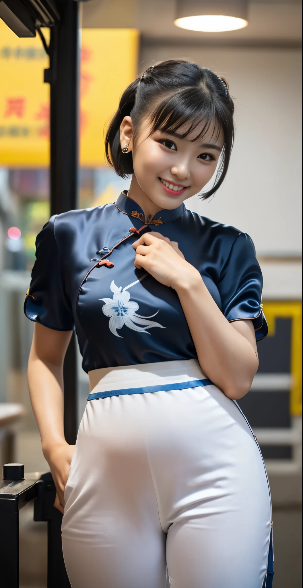 （8k、Raw photography、highest quality、masterpiece：1.2),(black hair、very short hair:1.7),(cute japanese woman:1.4),show viewer,Looking at the front,erotic,white skin,(Street Fighter Chun-Li 、wearing a blue cheongsam:1.6)、(Clothing that emphasizes the shape of your chest、publish one&#39;Skin:1.5)、(big breasts :1.4)、slim body shape、ultra high resolution,beautiful,beautiful fece,(alone, alone、no background:1.9),whole bodyボディー,（Photoreal：1.37）、photon mapping,reality、(-face cute: 1.3)、(cute smile: 1.7)、(With a round face: 1.8)、radio city、Physically based rendering、depth of field rally background、photograph, (I can see your knees,close up of thighs、Short cheongsam、I can see white pants:1.6),whole body、super fine