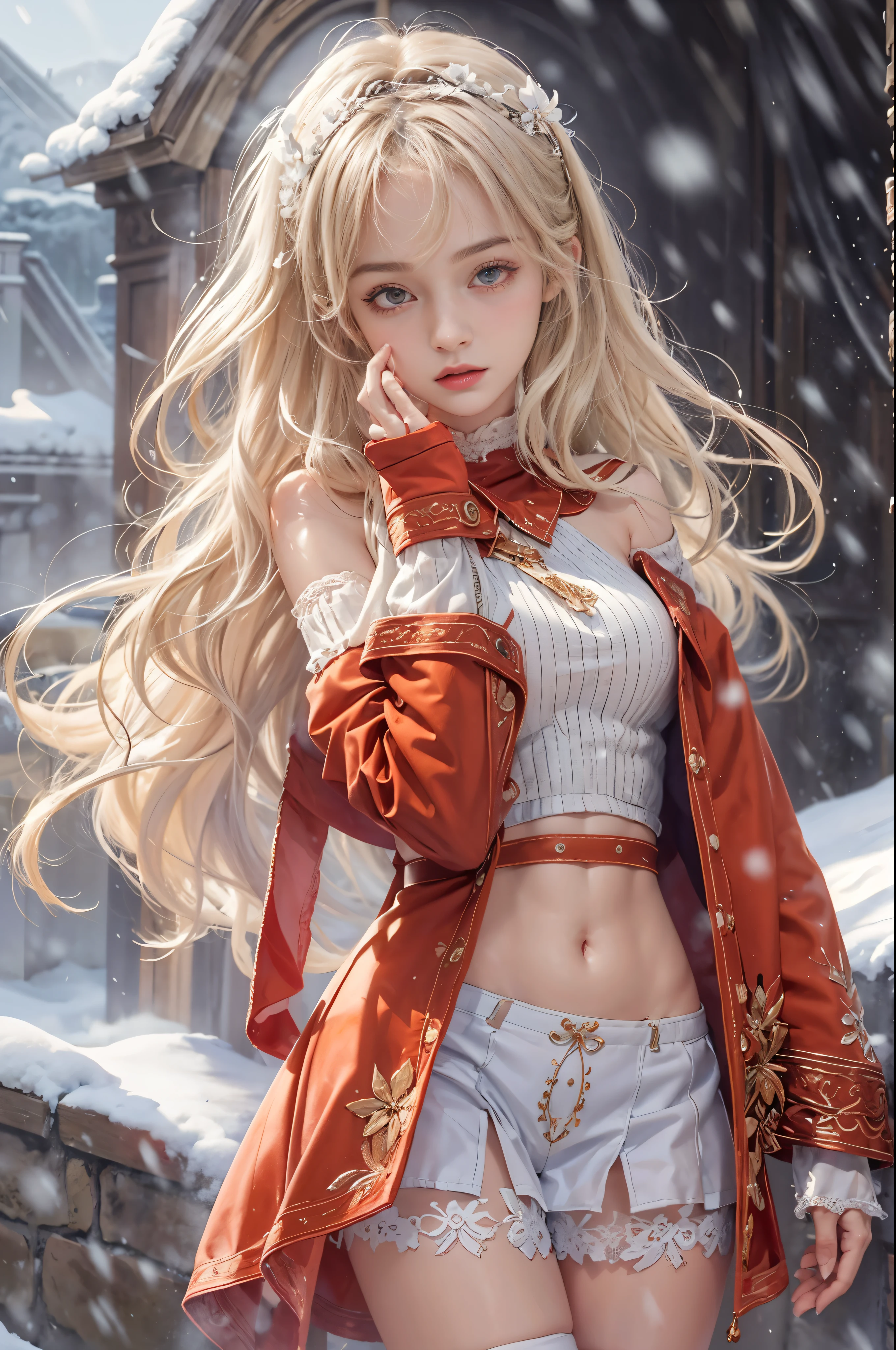 masterpiece, best quality, high quality, High definition, High quality texture, High quality shadow, high detail, beautiful detailed, finely detailed, extremely detailed cg, detailed texture, a realistic representation of the face, realistic, colorful, delicate, sharp focus, (intricate details, makeup, PureErosFace_V1:0.5), (detailed beautiful delicate face, detailed beautiful delicate eyes, a face of perfect proportion, high detailed skin, detailed skin, best ratio four finger and one thumb, skiny and thin:1.3), 1girl, 17 years old, tall, (smooth_abs:1.55), (abs:0.5), pretty, masterpiece, highres, (long_skinny_legs), (straight_legs), (skinny_waist), (((fair skin))), white skin, (((pale skin))), (Emma_watson), big_breast, (((Caucasian))), (((European))), Light blonde hair, orange Bandeau, orange short pleated skirt, standing legs apart, looking at viewer, full body, portrait of cute blonde girl, (outside,Heavy snowfall, Cover with snow), ((crop top)), showing abdomen, showing abs, ((stockings, thigh high socks)), snowfield, bloom, white fog, motion, wispy hair, realism, high-quality rendering, stunning art, high quality, film grain, Fujifilm XT3, dreamy, (((skinny thigh, thin thigh, narrow thigh)))