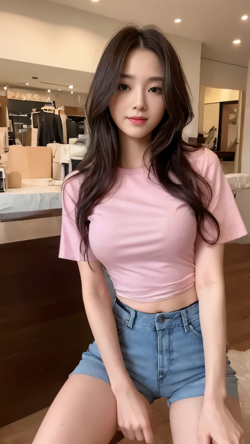 ((top-quality、8k、​masterpiece:1.3))、Beautiful woman with perfect body:1.4、slim abdomen:1.2、Longhair, normal breast, Highly detailed facial and skin texture, A detailed eye, delicate eyes, double eyelid, (smile), (full body shot), ((shopping mall)), (sitting in the bench), (((wearing pink t-shirt with short pants)), looking in front