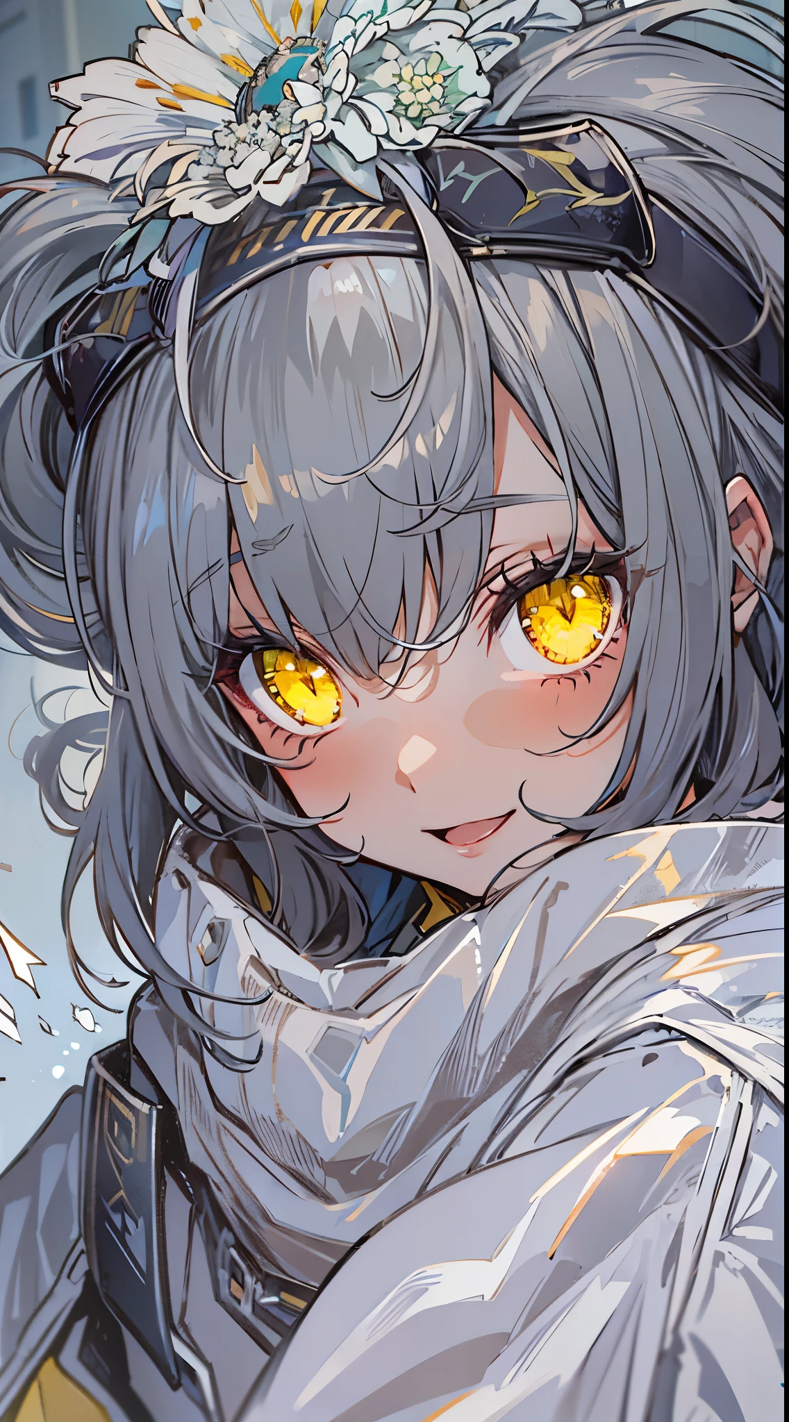 1girll,Red eyes, White color blouse, Gorgeous Hair in Long Purple, looking at viewert, light particules, ssmile, starrysky, Wizard's Hat, sleeveless, bare shoulders, By bangs,( She wears a black hooded trench coat,There are fluff on it), tilt of the head,Pantyhose, nipple tassels,flower knot, mitts, beatiful detailed eyes, detailed back ground,((((((gray hair)))))), ((((yellow eyes)))),