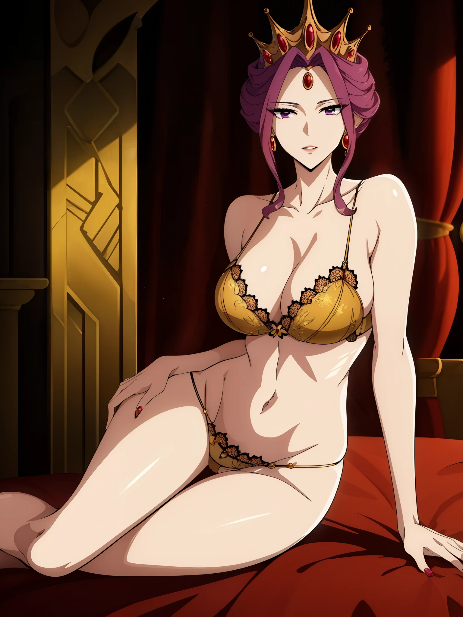((masterpiece)), ((highres)), ((UHD)), ((8k)), (smooth edges), soothing tones, beauty and aesthetic, cinematic lighting, vivid colors, \\ 1woman, (slim woman), \\ (golden lingerie), \\ ((leaning)), ((on side)), (arm support), ((hand resting on thigh)), \\ purple_hair, purple_eyes, (sidelocks:1.8), (long locks), jewelry, earrings, gem earrings, red gems, (forehead gem jewelry), (golden crown), (5 point crown:1.5), perfect face, expressive eyes, seductive smile, parted lips, (looking at viewer),\\ (cleavage), thighs, collarbone, (bare shoulders), navel. full body, groin, (((PLEASE FIX IMAGE)))