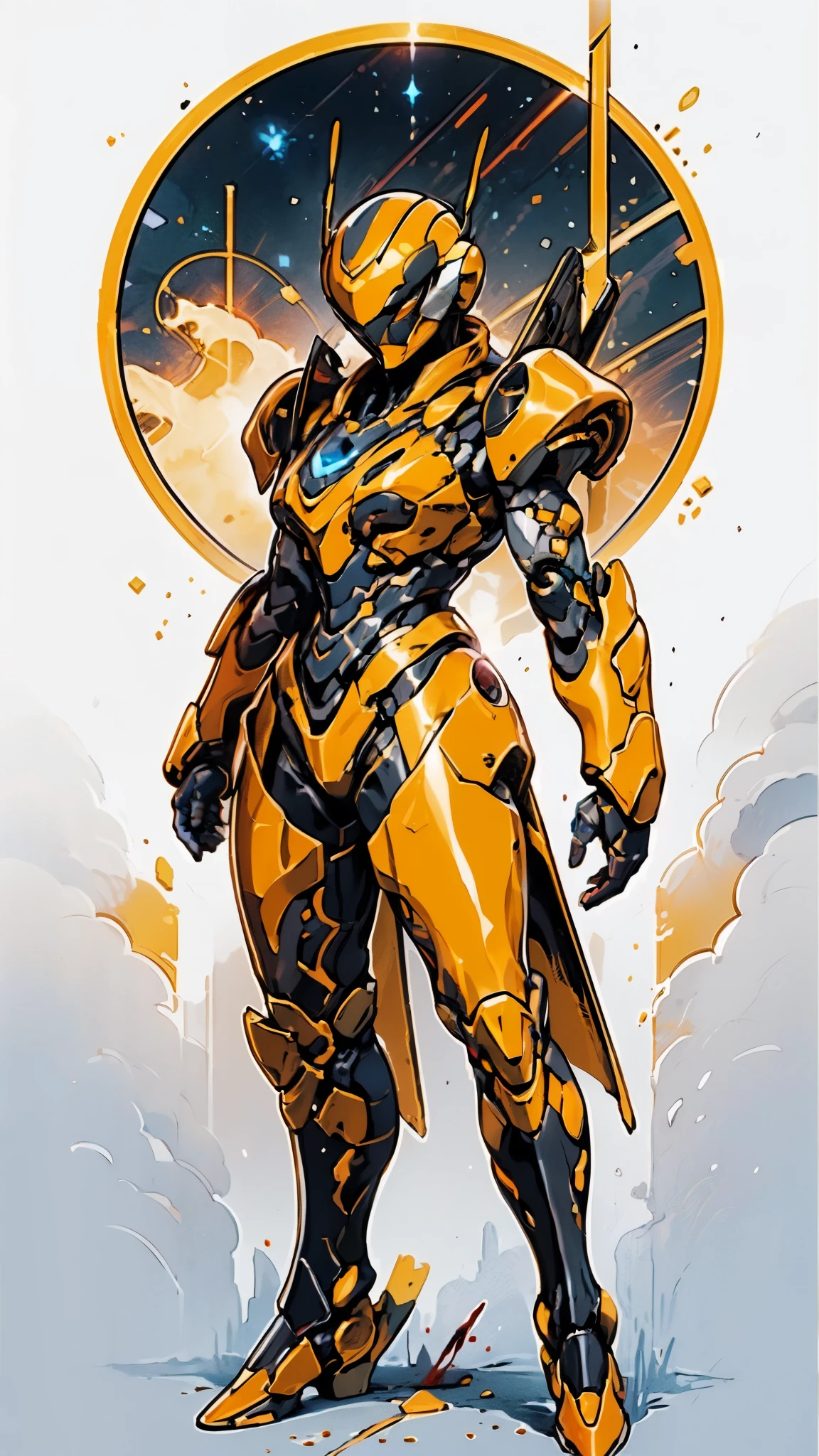 A woman adorned in fantasy-style full-body armor, a crown-concept fully enclosed helmet that unveils only her eyes, a composite layered chest plate, fully encompassing shoulder and hand guards, a lightweight waist armor, form-fitting shin guards, the overall design is heavy-duty yet flexible, ((the armor gleams with a golden glow, complemented by red and blue accents)), exhibiting a noble aura, she floats above a fantasy-surreal high-tech city, this character embodies a finely crafted fantasy-surreal style armored hero in anime style, exquisite and mature manga art style, (Queen bee mixed with Spider concept Armor, plasma, blood), ((Element, energy, elegant, goddess, femminine:1.5)), metallic, high definition, best quality, highres, ultra-detailed, ultra-fine painting, extremely delicate, professional, anatomically correct, symmetrical face, extremely detailed eyes and face, high quality eyes, creativity, RAW photo, UHD, 32k, Natural light, cinematic lighting, masterpiece-anatomy-perfect, masterpiece:1.5