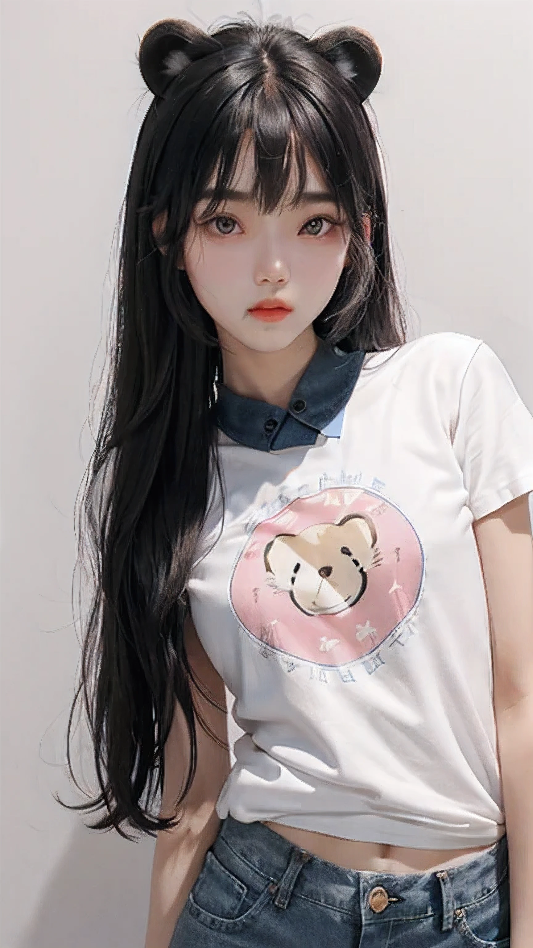 White T-shirt，Bear pattern on T-shirt，blue denim shorts，Chinese、beautiful girl、18 years old，young、Long hair to waist、Oval face、flat chest、long black hair、fair face、light eyebrows、The eyes are a little determined，Thin pink lips，Thin and thin，flat chest，Beautiful bangs、chess、Mouth closed，Chinese面孔，black eyes，Posing for photos，Hair style is natural long hair