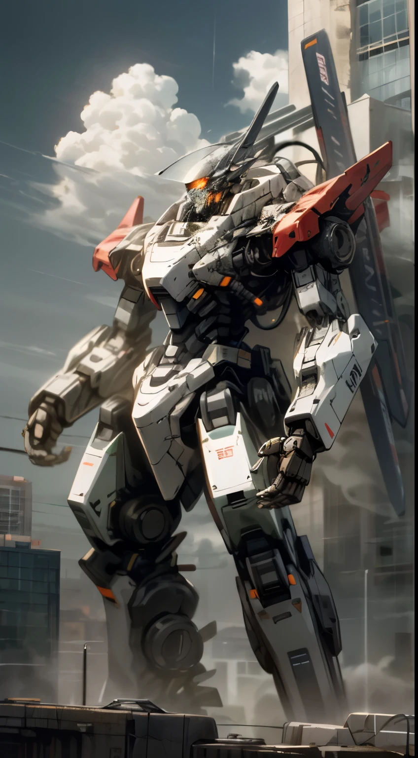 sky, cloud, holding_weapon, no_humans, glowing, , robot, building, glowing_eyes, mecha, science_fiction, city, realistic,mecha