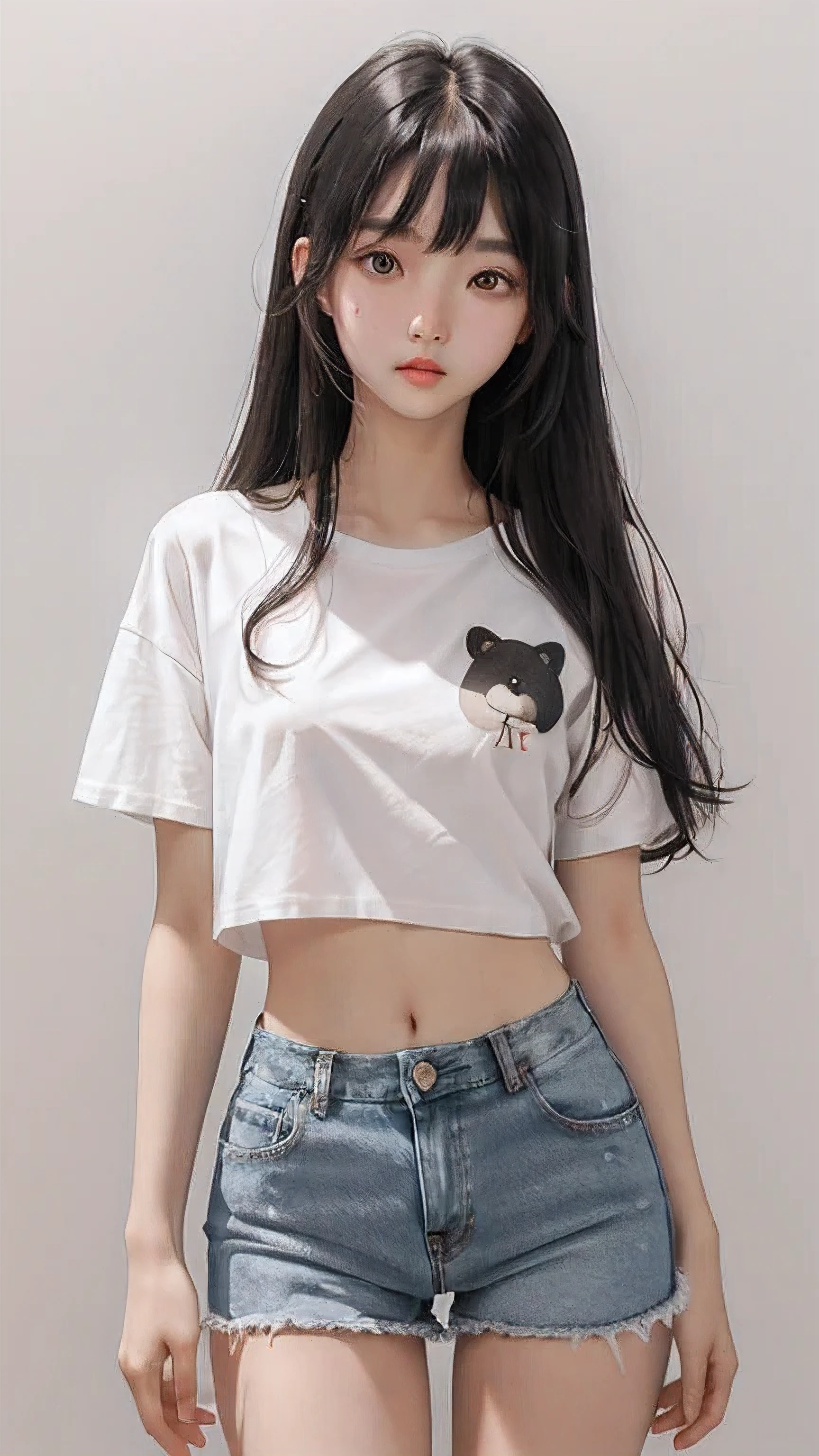 White T-shirt,Bear pattern on T-shirt,blue denim shorts,Chinese、beautiful girl、18 years old,young、Long hair to waist、Oval face、flat chest、long black hair、fair face、light eyebrows、The eyes are a little determined,Thin pink lips,Thin and thin,flat chest,Beautiful bangs、chess、Mouth closed,Chinese面孔,black eyes,Posing for photos,Hair style is natural long hair