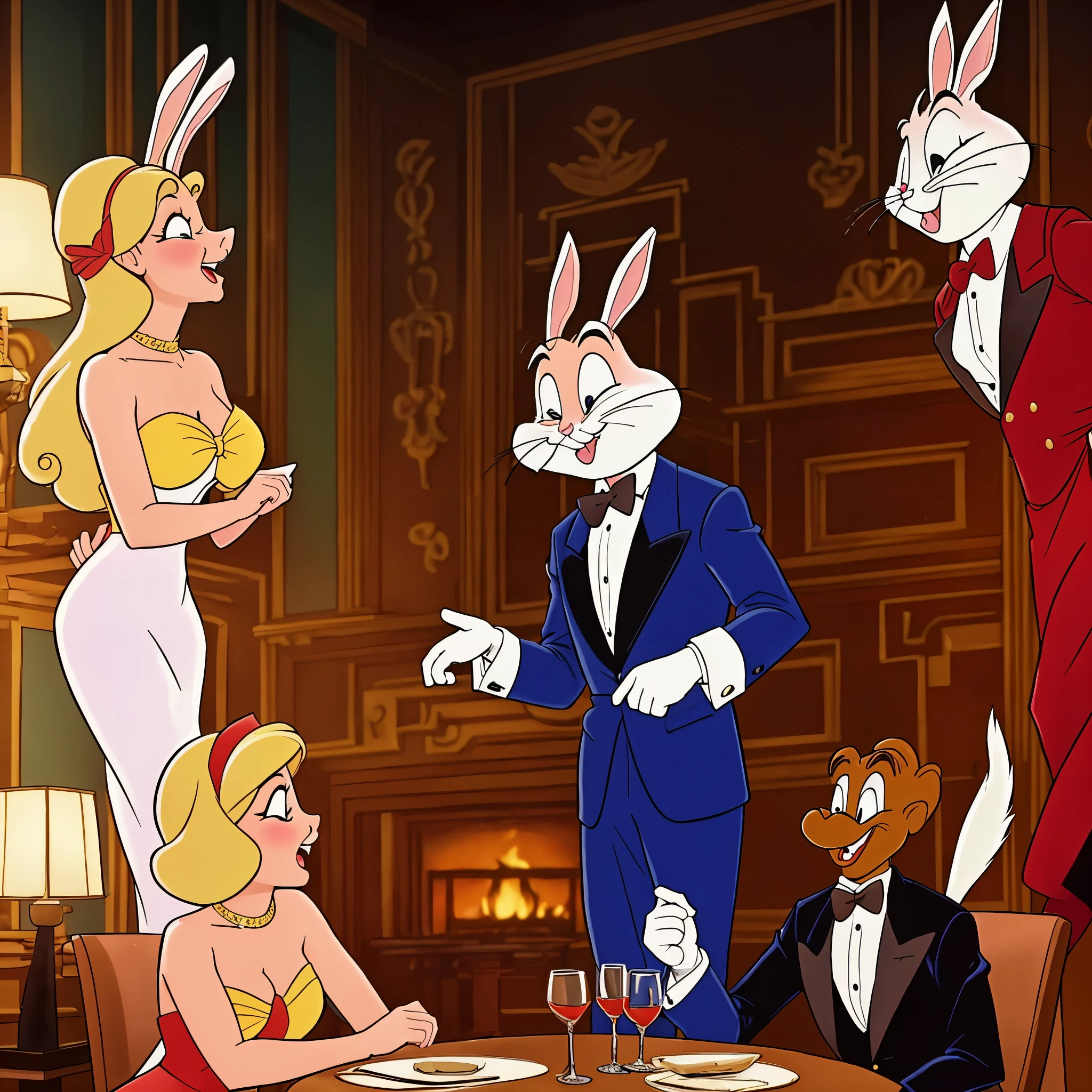A comedic scene set in a 1920s speak easy where Bugs Bunny disguises himself as a blonde bar floozy to seduce a black-clad villain and steal his briefcase. The scene is portrayed in a (best quality,4k,8k,highres,masterpiece:1.2),ultra-detailed,(realistic,photorealistic,photo-realistic:1.37) style. The main focus is on Bugs Bunny's charming and detailed eyes, beautiful detailed lips, and extremely detailed face. Bugs Bunny, dressed in a glamorous blonde wig, shimmering dress, and elegant feather boa, is shown flirting with the villain by winking and blowing kisses. The speak easy is filled with vibrant colors, vintage furniture, and jazz music in the background. The lighting is dim and moody, with warm tones illuminating the scene. Bugs Bunny's seductive poses and playful expressions add a touch of humor to the overall composition. The briefcase, held tightly by the villain, is positioned as the central point of conflict. The scene is captured with the skill and artistry of an oil painting, showcasing every intricate detail and brushstroke. The rich textures and materials, such as velvet and satin, are prominent throughout the portrayal. The scene is depicted in a classic art style, reminiscent of golden age illustration and concept art. The vivid colors enhance the energetic atmosphere of the scene, with a carefully curated color palette that accentuates the comedic and lively nature of the characters. The lighting casts dramatic shadows and highlights, emphasizing the characters' facial expressions and body language. The result is a visually captivating and entertaining artwork that brings to life the humor and charm of Bugs Bunny as he embarks on his mischievous adventure in the 1920s speak easy.