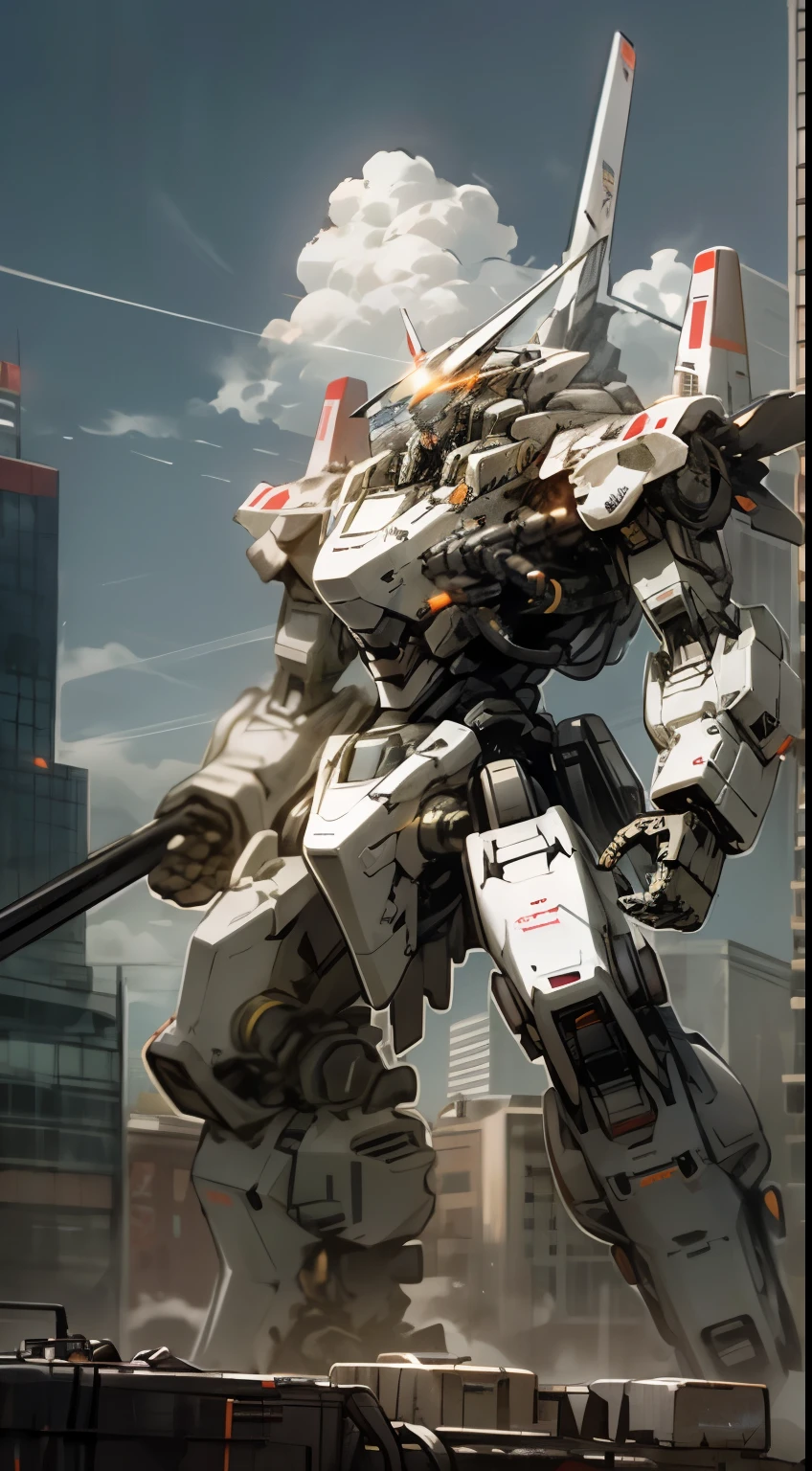 sky, cloud, holding_weapon, no_humans, glowing, , robot, building, glowing_eyes, mecha, science_fiction, city, realistic,mecha