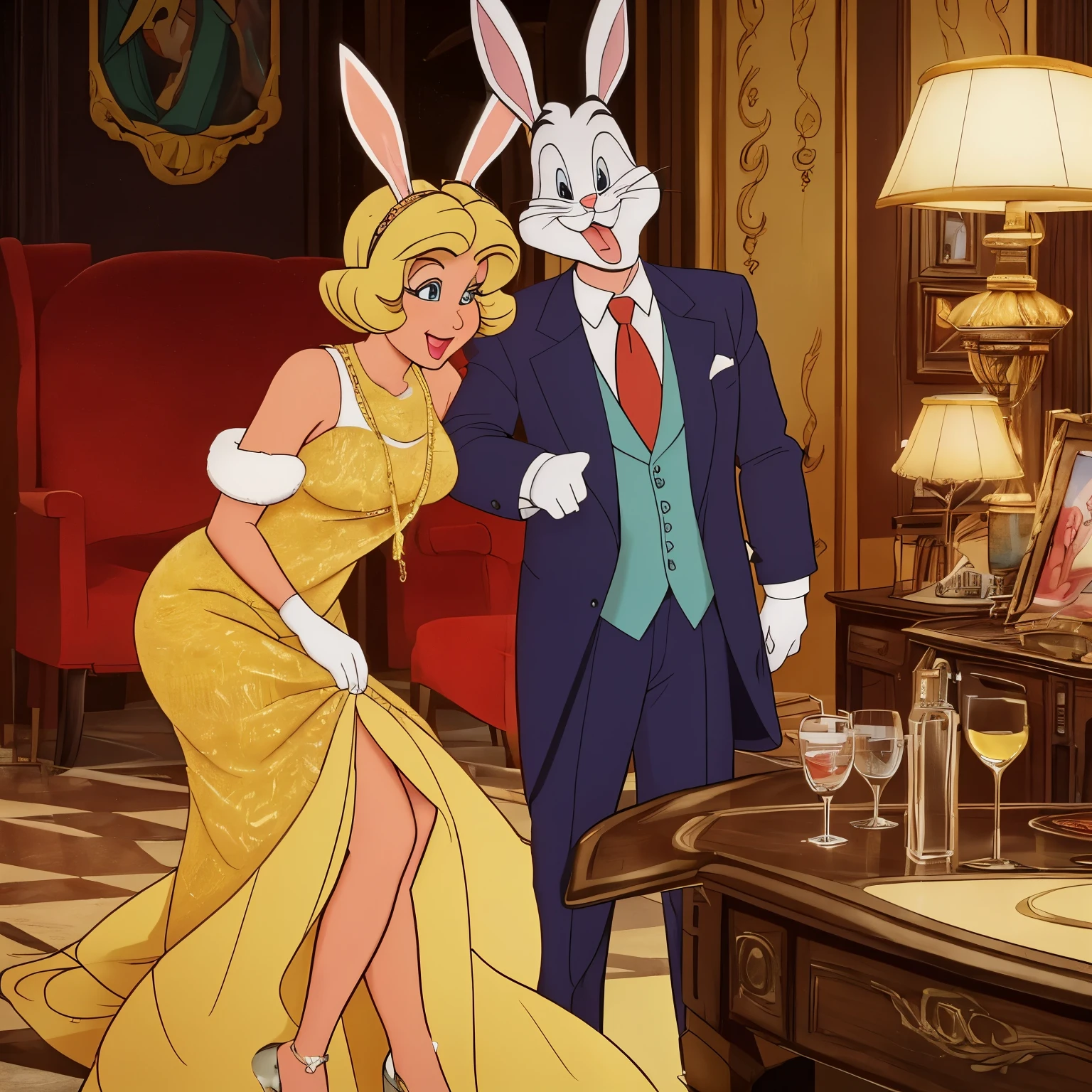 A comedic scene set in a 1920s speak easy where Bugs Bunny disguises himself as a blonde bar floozy to seduce a black-clad villain and steal his briefcase. The scene is portrayed in a (best quality,4k,8k,highres,masterpiece:1.2),ultra-detailed,(realistic,photorealistic,photo-realistic:1.37) style. The main focus is on Bugs Bunny's charming and detailed eyes, beautiful detailed lips, and extremely detailed face. Bugs Bunny, dressed in a glamorous blonde wig, shimmering dress, and elegant feather boa, is shown flirting with the villain by winking and blowing kisses. The speak easy is filled with vibrant colors, vintage furniture, and jazz music in the background. The lighting is dim and moody, with warm tones illuminating the scene. Bugs Bunny's seductive poses and playful expressions add a touch of humor to the overall composition. The briefcase, held tightly by the villain, is positioned as the central point of conflict. The scene is captured with the skill and artistry of an oil painting, showcasing every intricate detail and brushstroke. The rich textures and materials, such as velvet and satin, are prominent throughout the portrayal. The scene is depicted in a classic art style, reminiscent of golden age illustration and concept art. The vivid colors enhance the energetic atmosphere of the scene, with a carefully curated color palette that accentuates the comedic and lively nature of the characters. The lighting casts dramatic shadows and highlights, emphasizing the characters' facial expressions and body language. The result is a visually captivating and entertaining artwork that brings to life the humor and charm of Bugs Bunny as he embarks on his mischievous adventure in the 1920s speak easy.