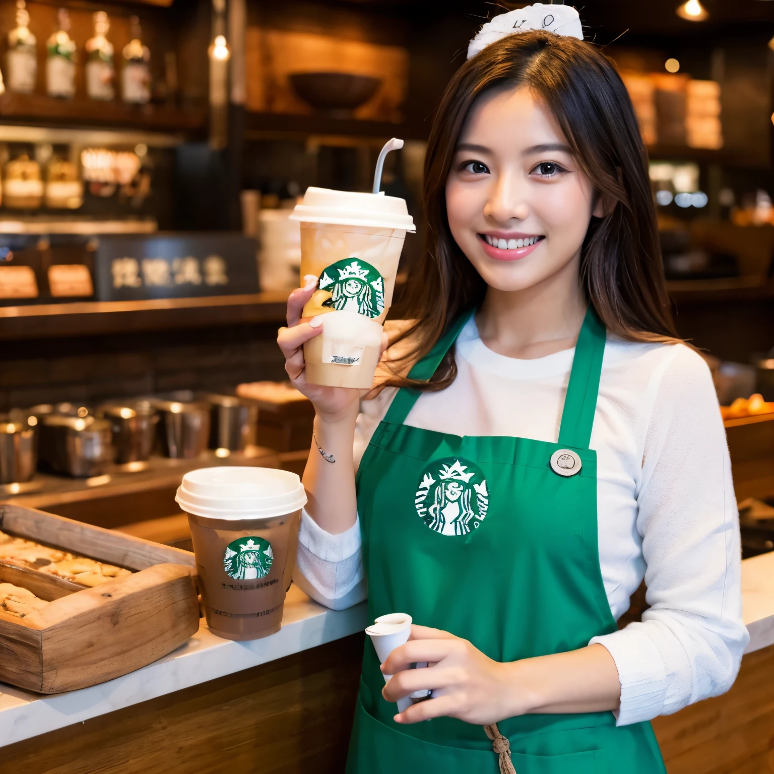 
beautiful taiwanese girl, beautiful body, naked, starbucks apron. smiling, holding a cup of starbuks coffee in her hand, starbucks cafe.