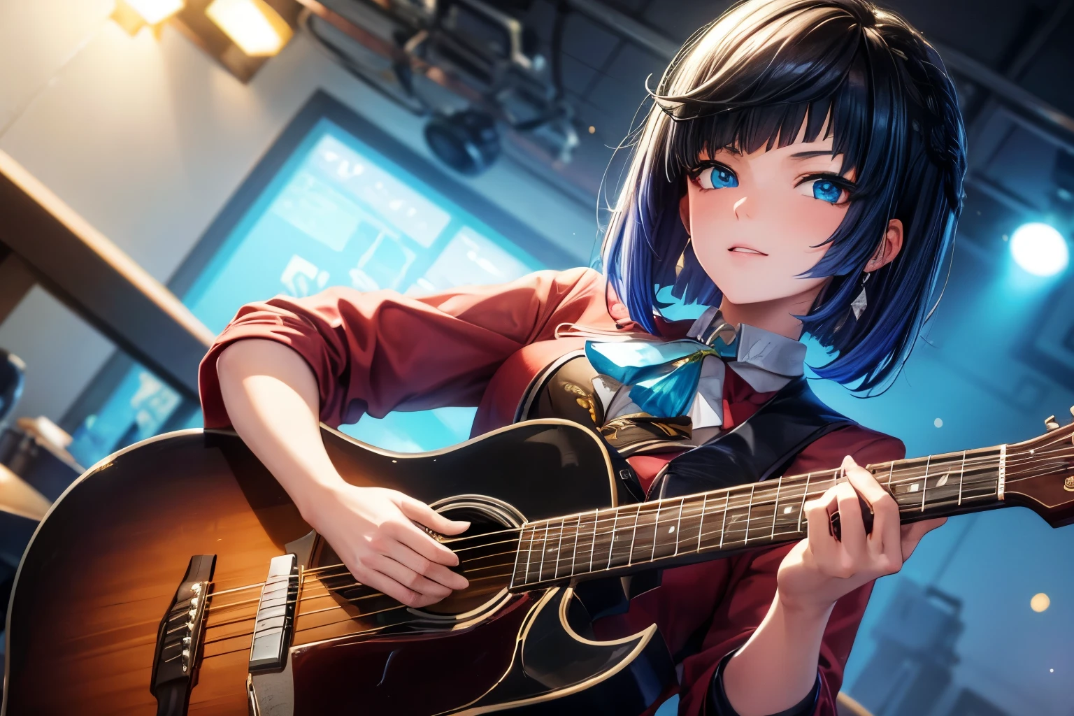 ((masterpiece:1.4, best quality)), ultra detailed, super detailed,Yelan Genshin Impact,1girl, short hair, black hair, blue eyes, hd quality, wallpaper , singing, school uniform,red coat, blue skirt , holding mic, beautiful girl, looking at viewer, concert, enthusiastic, idol, long shot view, playing a guitar 