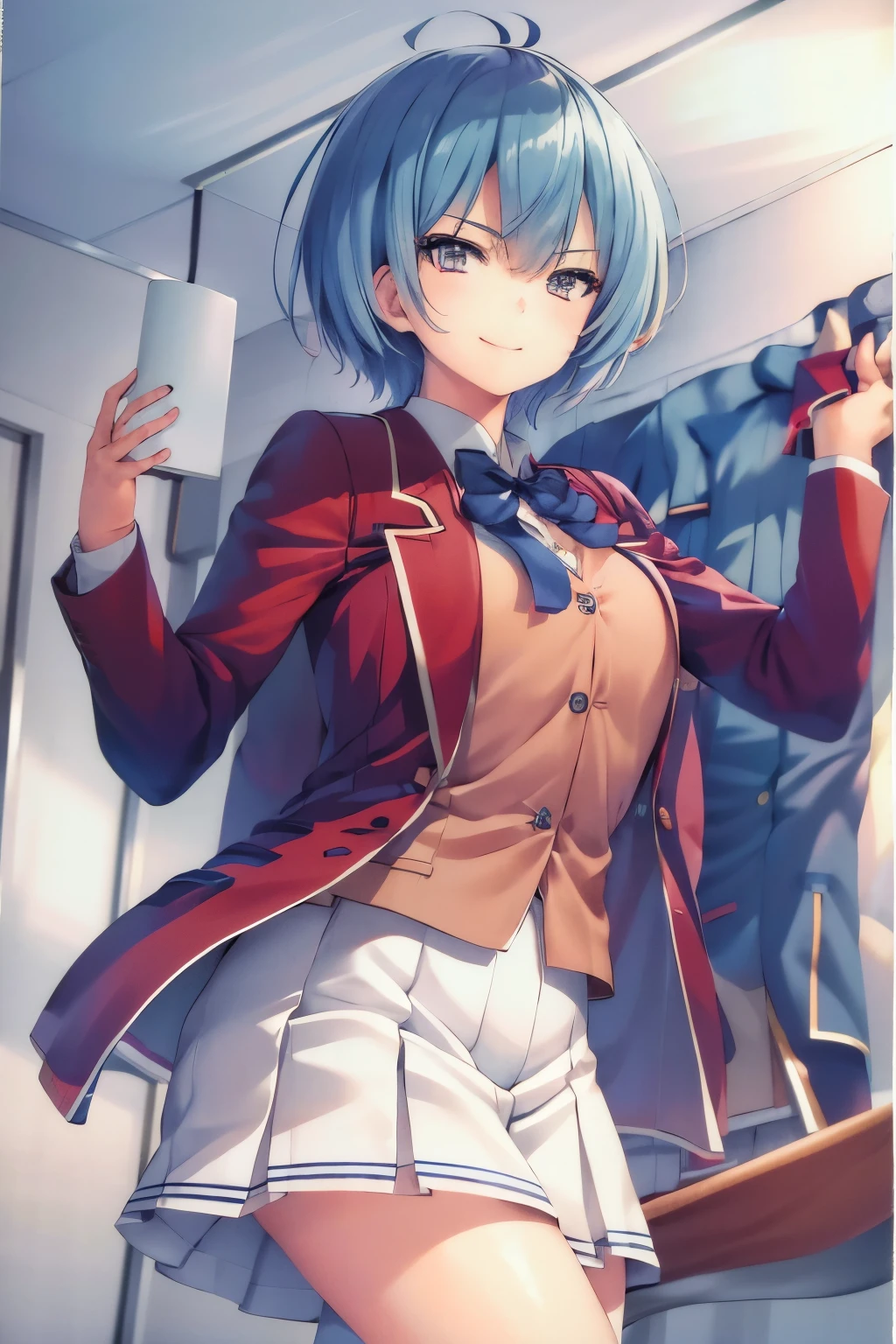 masterpiece, best quality, highres, 1girl ibuki mio short hair blue hair, white skirt red jacket open jacket smile, standing, indoors, from behind