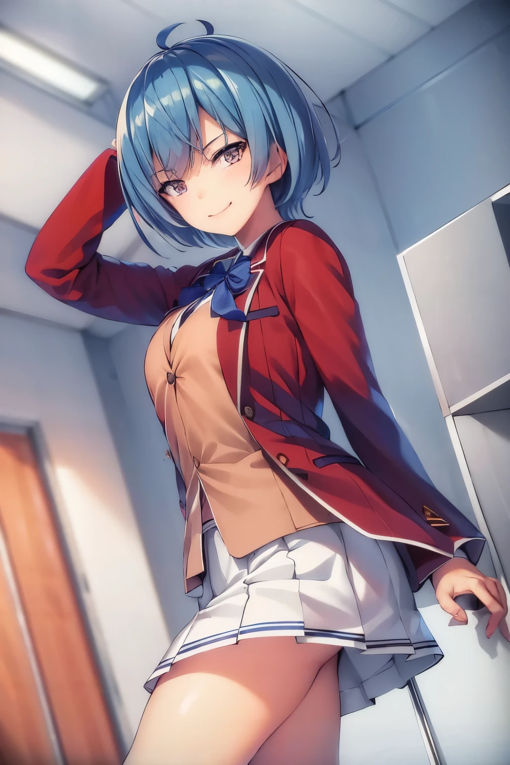 masterpiece, best quality, highres, 1girl ibuki mio short hair blue hair, white skirt red jacket open jacket smile, standing, indoors, from behind