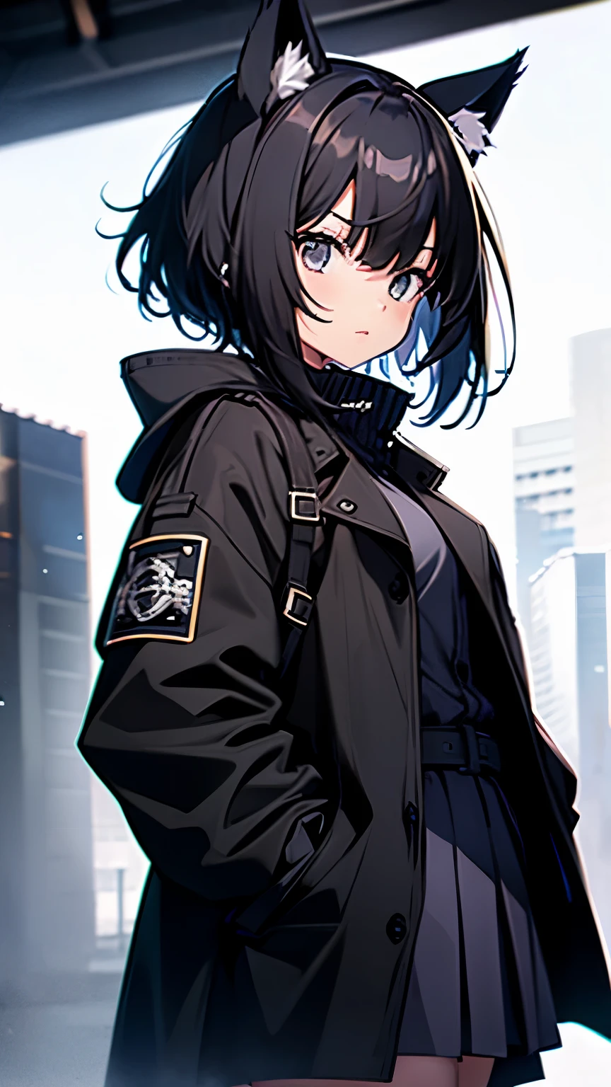 18 year old girl，short black hair，black eyes，Black trench coat，black skirt，Pockets for both hands，White background，Blue cat ears，
