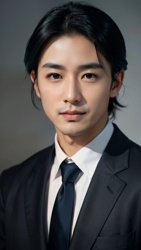 (In 8K、RAW photo、highest quality、realistic、Photoreal, look at the viewer, light shines on your face, gray background), 35-year-old Japanese man, short black hair styled neatly. Masculine facial structure with well-groomed eyebrows. Eyes with a firm shape, a calm and serious expression. Naturally shaped nose and a subtle smile on the lips. Wearing a clean white dress shirt, a navy blue jacket, and a slightly loosened tie for a relaxed look