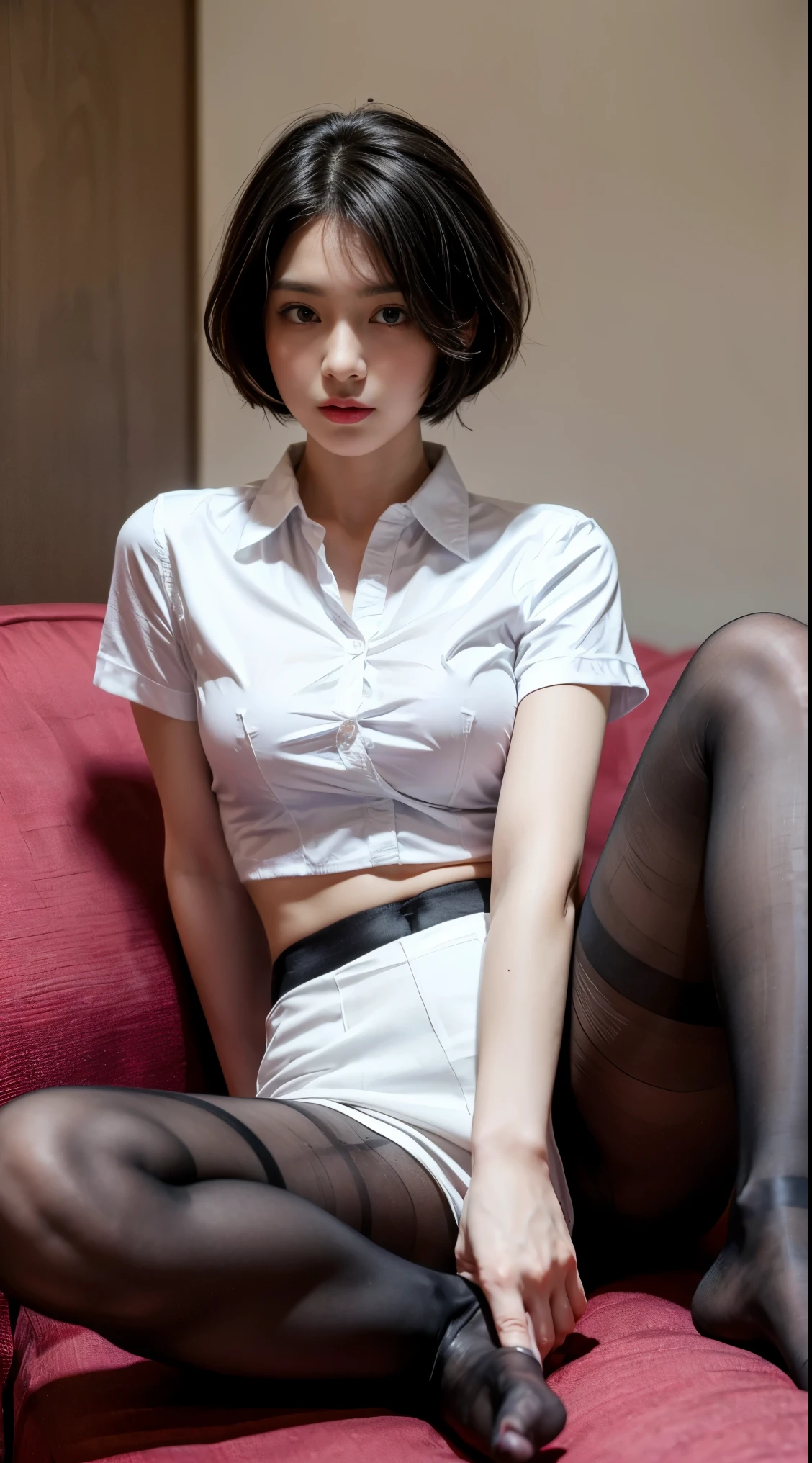 (Masterpiece, Top Quality, Realistic, High Resolution, 8K Raw Photo) 1 Beautiful Girl,Beautiful Face, Oblique Gaze, (Black Short Hair:1.3), Japanese Hairstyle, Beautiful Face, Pretty Face, Big eyes, drooping eyes, (white shirt ,pantyhose:1.3),Full Body,(Smartphone in one hand:1.3),spread legs,White and Pink Room, Girls Room, Dark Room,