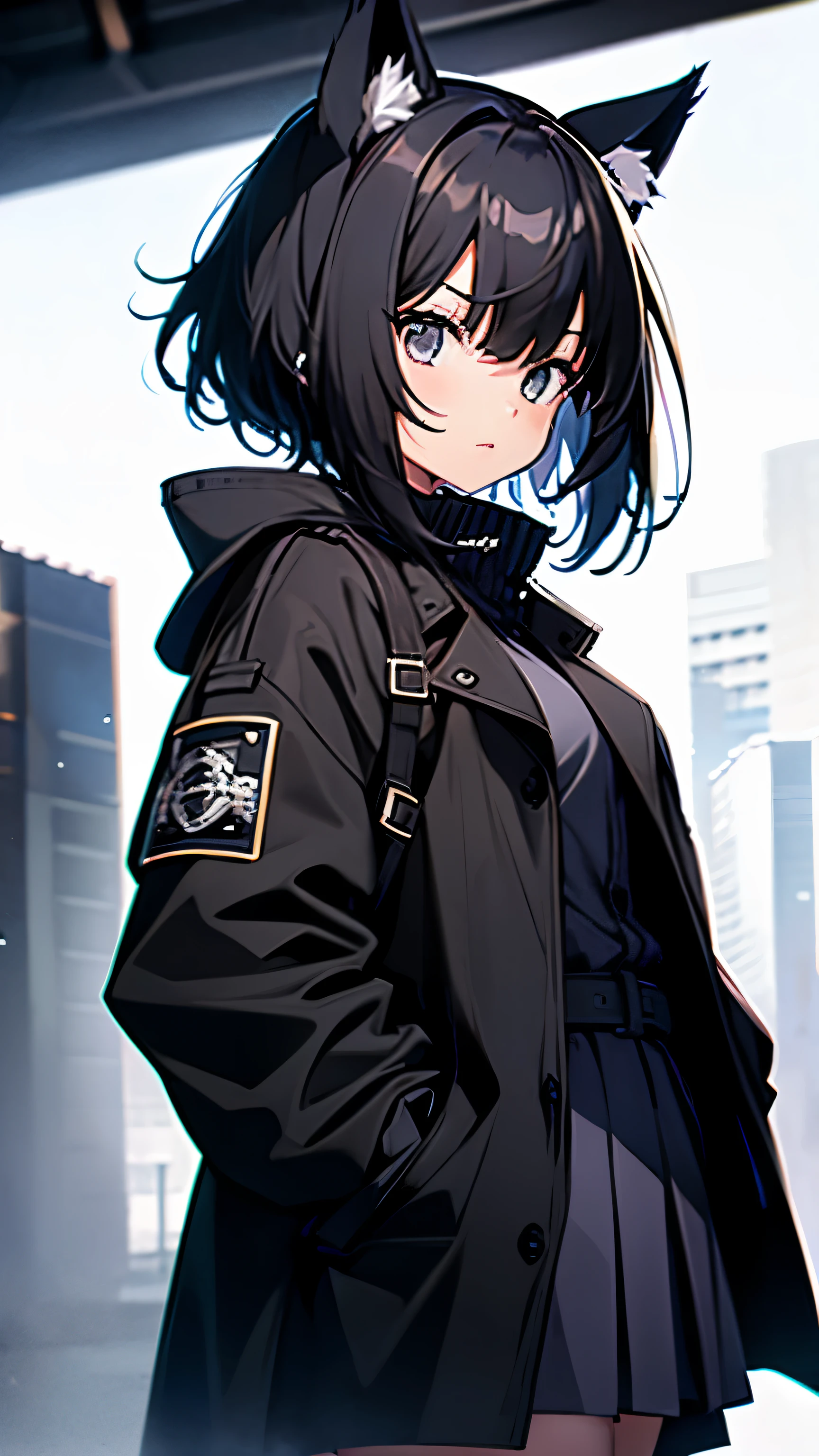 18 year old girl，short black hair，black eyes，Black trench coat，black skirt，Hand pockets，White background，Blue ears，