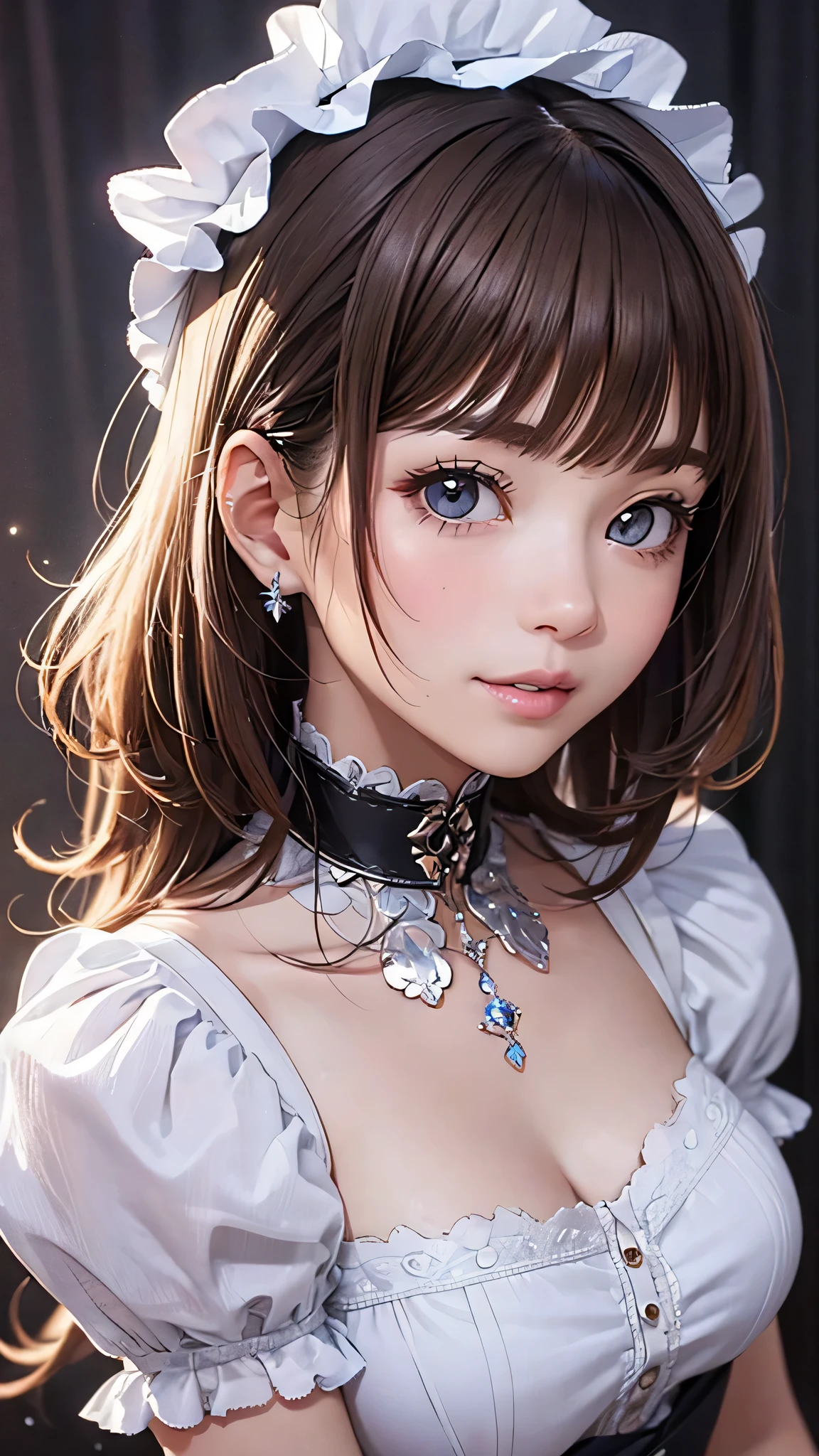 Beautiful white and shining skin、Chestnut hair that changes depending on the light、Long bangs between the eyes that obstruct the view、Cheek gloss highlights、Sexy and very beautiful nice gorgeous face、the most beautiful face in the world、short bob、Smooth straight hair、medium breasts、beautiful breasts、cleavage、Big and bright eyes、beautiful bangs、Beautiful and beautiful woman、small face beauty、golden ratio、natural smile、headdress、white blouse、black ribbon、puff sleeves、collar、choker、white apron with fine frills、black maid costume、beautiful thighs、