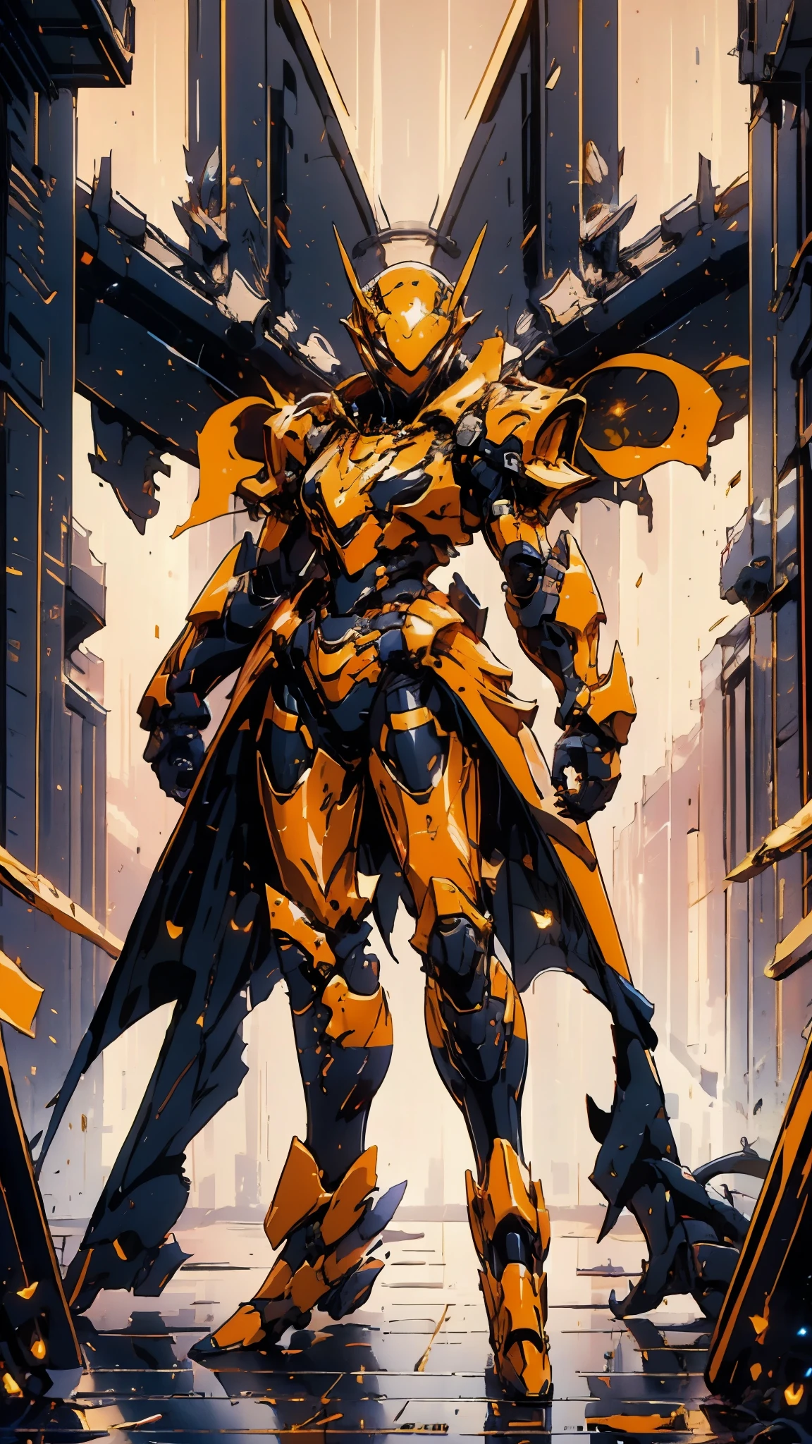 A woman adorned in fantasy-style full-body armor, a crown-concept fully enclosed helmet that unveils only her eyes, a composite layered chest plate, fully encompassing shoulder and hand guards, a lightweight waist armor, form-fitting shin guards, the overall design is heavy-duty yet flexible, ((the armor gleams with a golden glow, complemented by red and blue accents)), exhibiting a noble aura, she floats above a fantasy-surreal high-tech city, this character embodies a finely crafted fantasy-surreal style armored hero in anime style, exquisite and mature manga art style, (Queen bee mixed with Spider concept Armor, plasma, blood), ((Element, energy, elegant, goddess, femminine:1.5)), metallic, high definition, best quality, highres, ultra-detailed, ultra-fine painting, extremely delicate, professional, anatomically correct, symmetrical face, extremely detailed eyes and face, high quality eyes, creativity, RAW photo, UHD, 32k, Natural light, cinematic lighting, masterpiece-anatomy-perfect, masterpiece:1.5