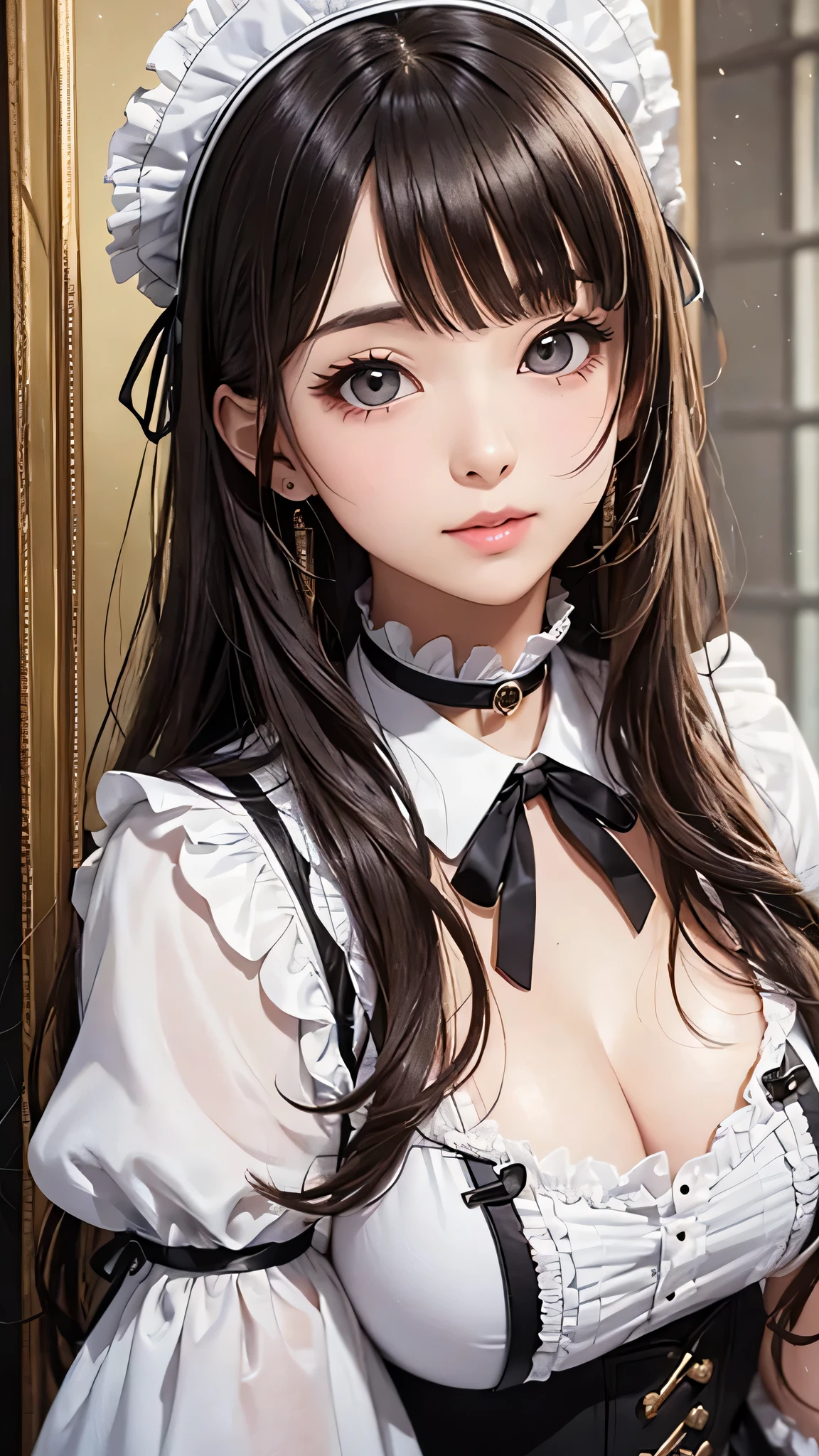 Beautiful white and shining skin、Chestnut hair that changes depending on the light、Long bangs between the eyes that obstruct the view、Cheek gloss highlights、Sexy and very beautiful nice gorgeous face、the most beautiful face in the world、short bob、Smooth straight hair、medium breasts、beautiful breasts、cleavage、Big and bright eyes、beautiful bangs、Beautiful and beautiful woman、small face beauty、golden ratio、natural smile、headdress、white blouse、black ribbon、puff sleeves、collar、choker、white apron with fine frills、black maid costume、beautiful thighs、